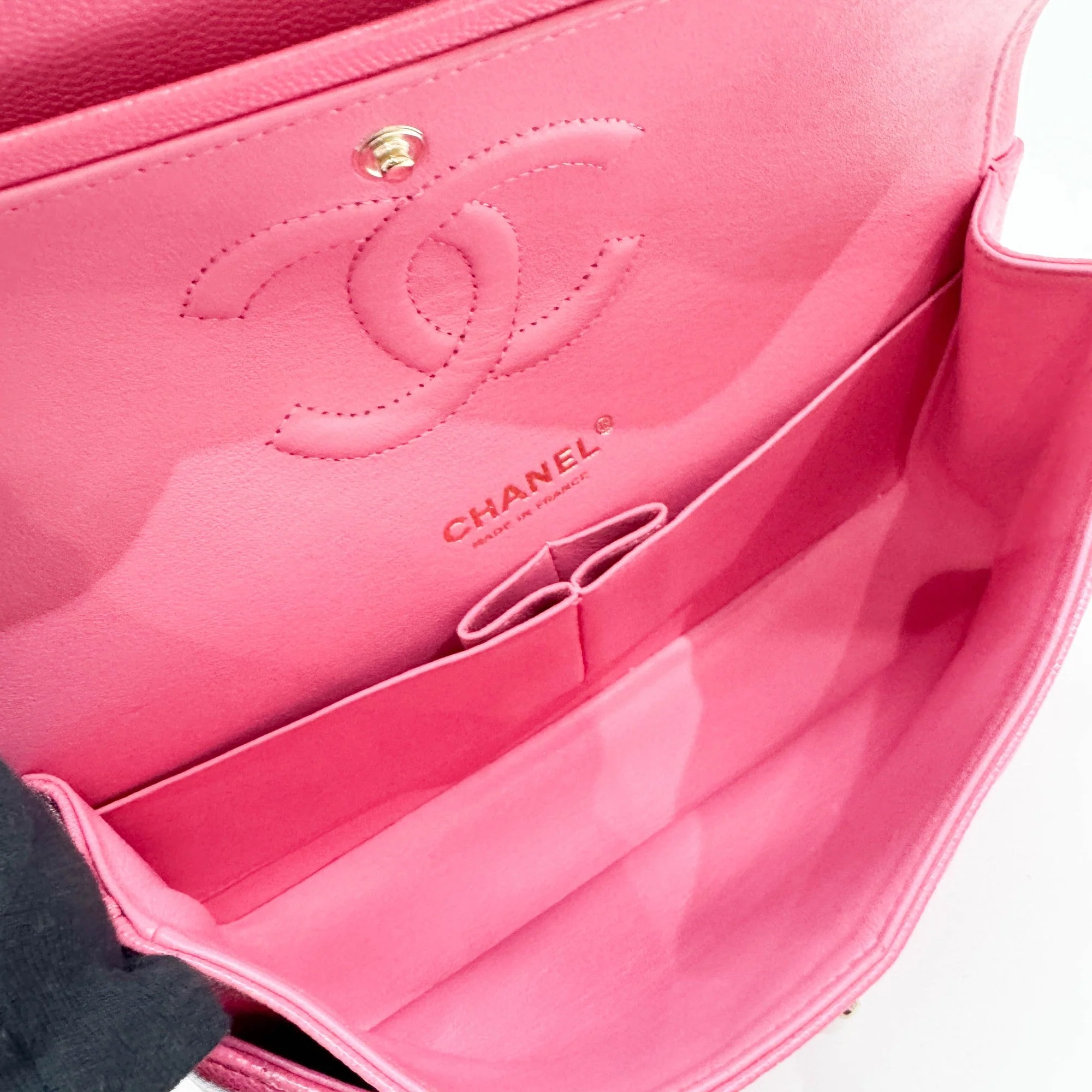 2020 Double Flap Pink Grain Calf Skin Chain Shoulder Bag - Image 12