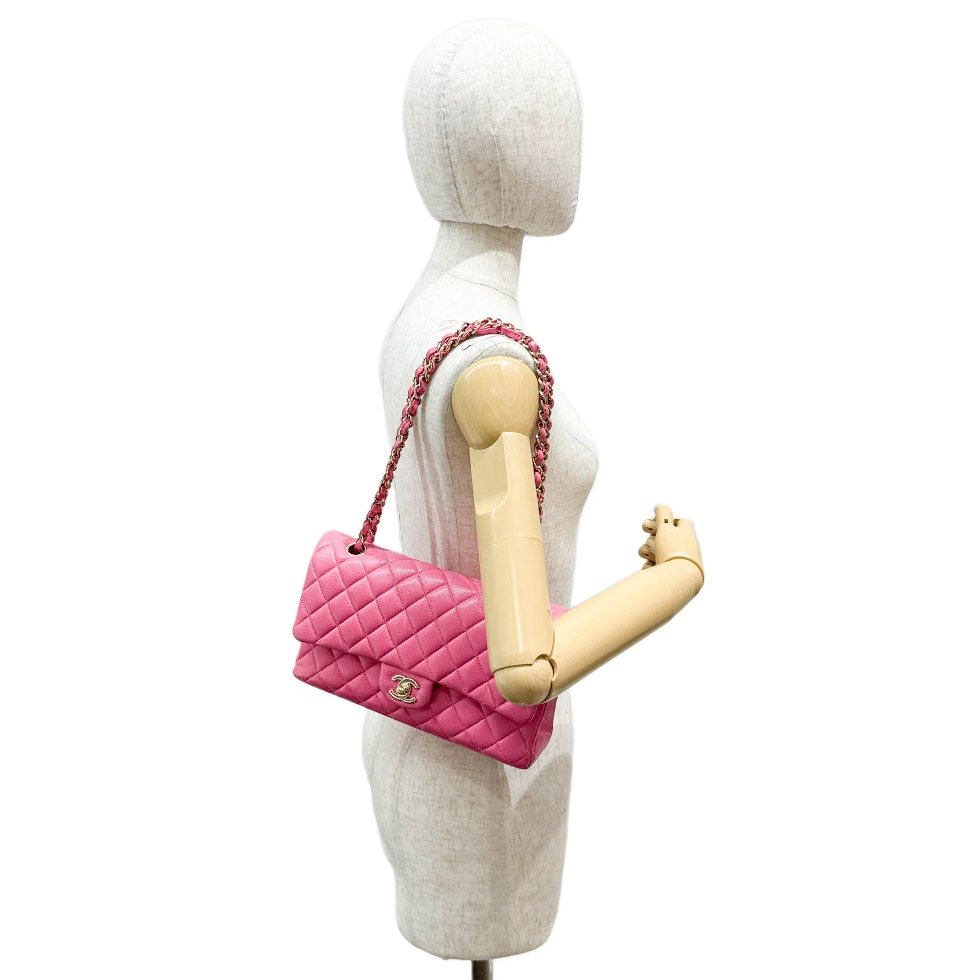 2020 Double Flap Pink Grain Calf Skin Chain Shoulder Bag - Image 3