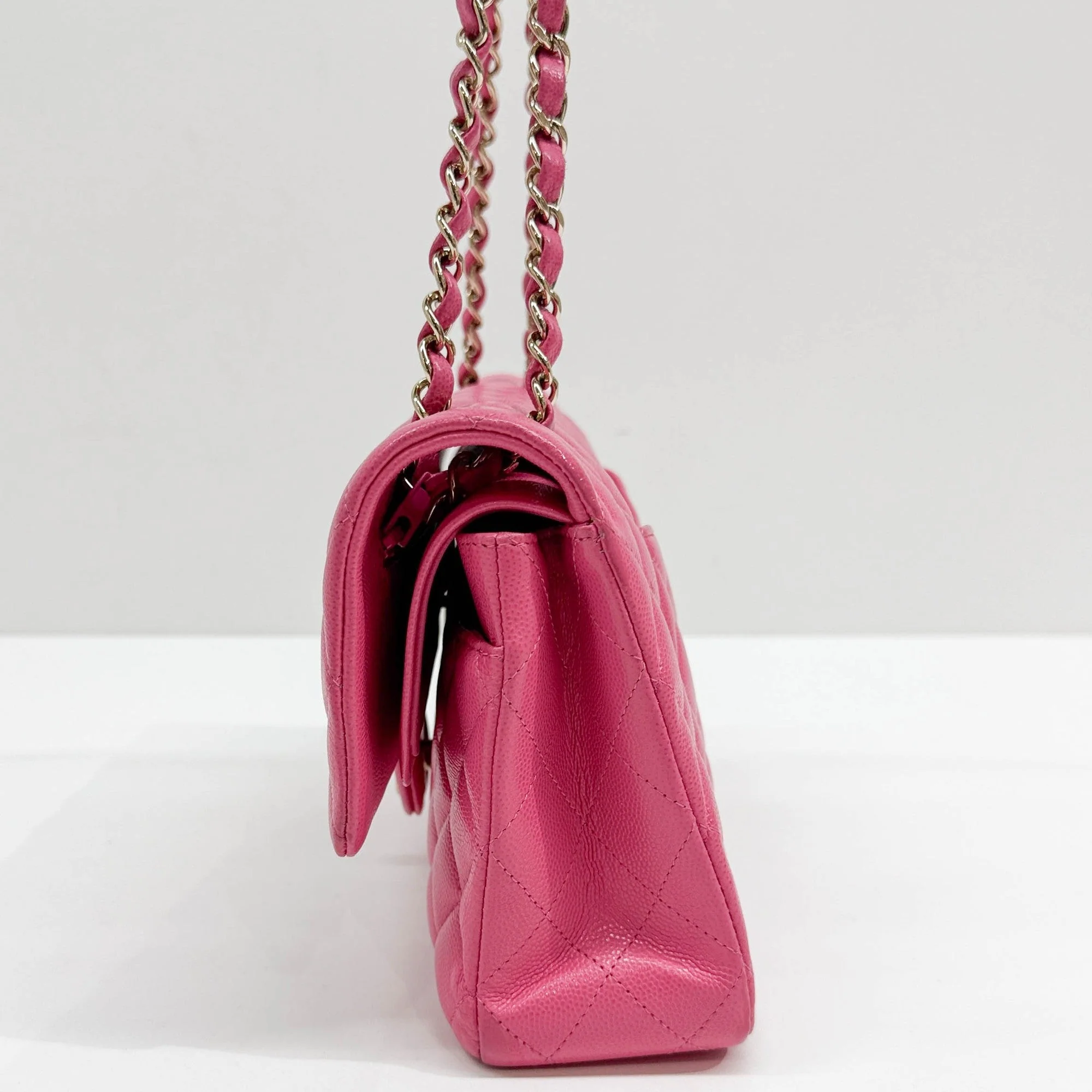2020 Double Flap Pink Grain Calf Skin Chain Shoulder Bag - Image 5