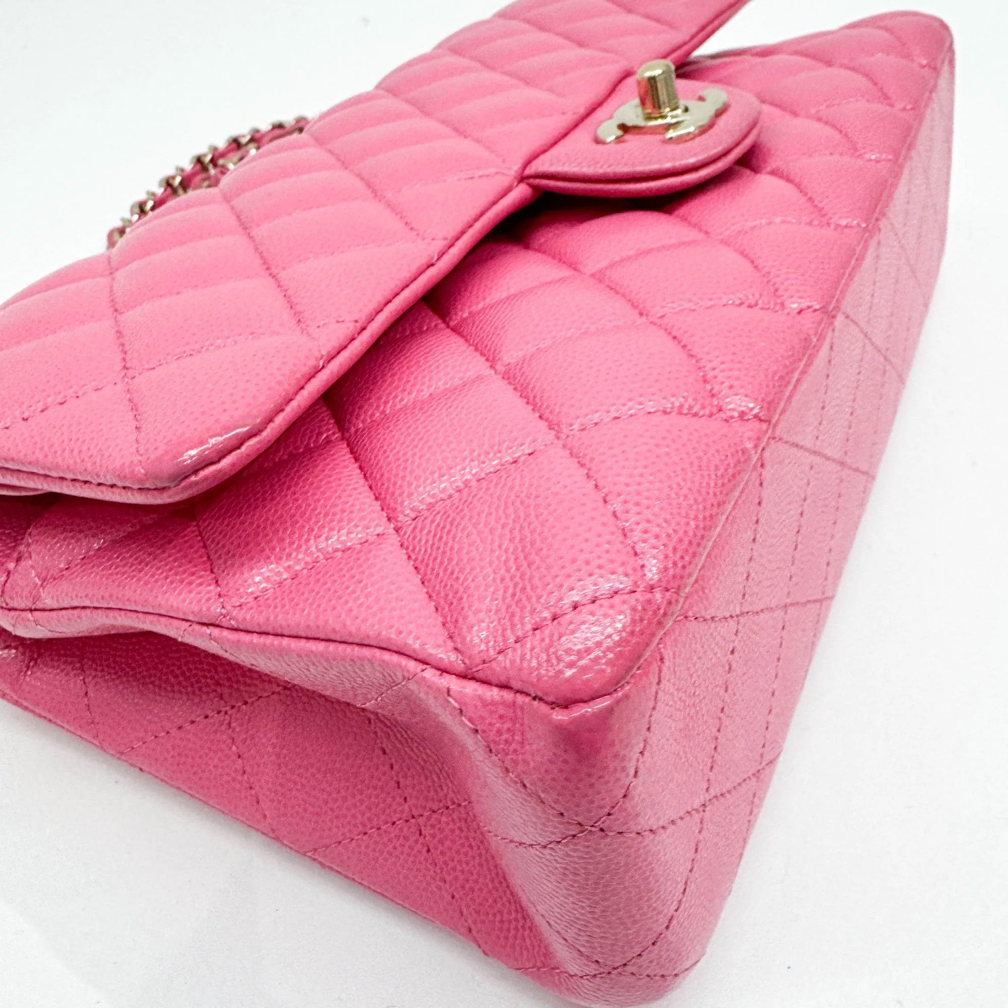 2020 Double Flap Pink Grain Calf Skin Chain Shoulder Bag - Image 8