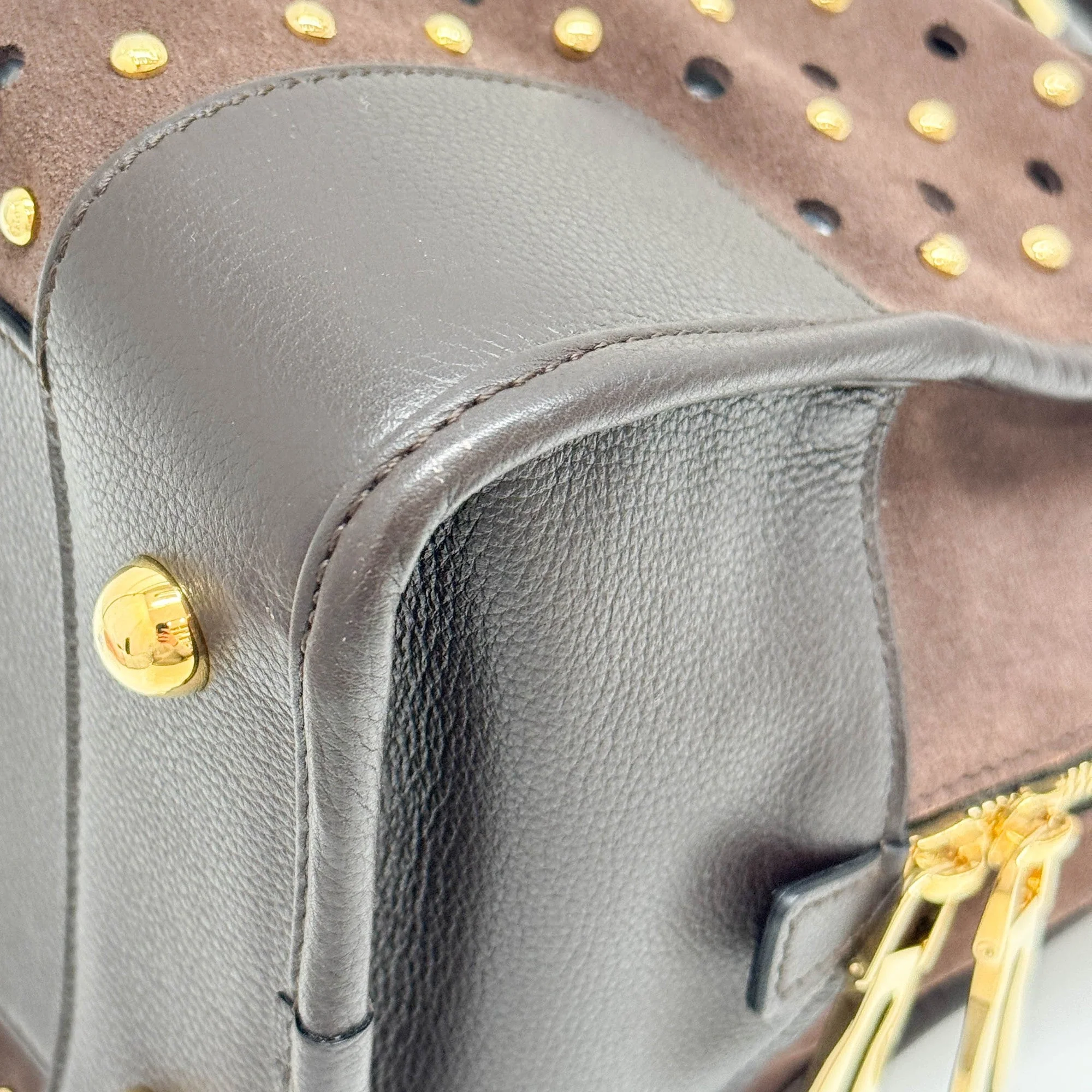 Amazona Studded Brown Suede Hand Bag - Image 9