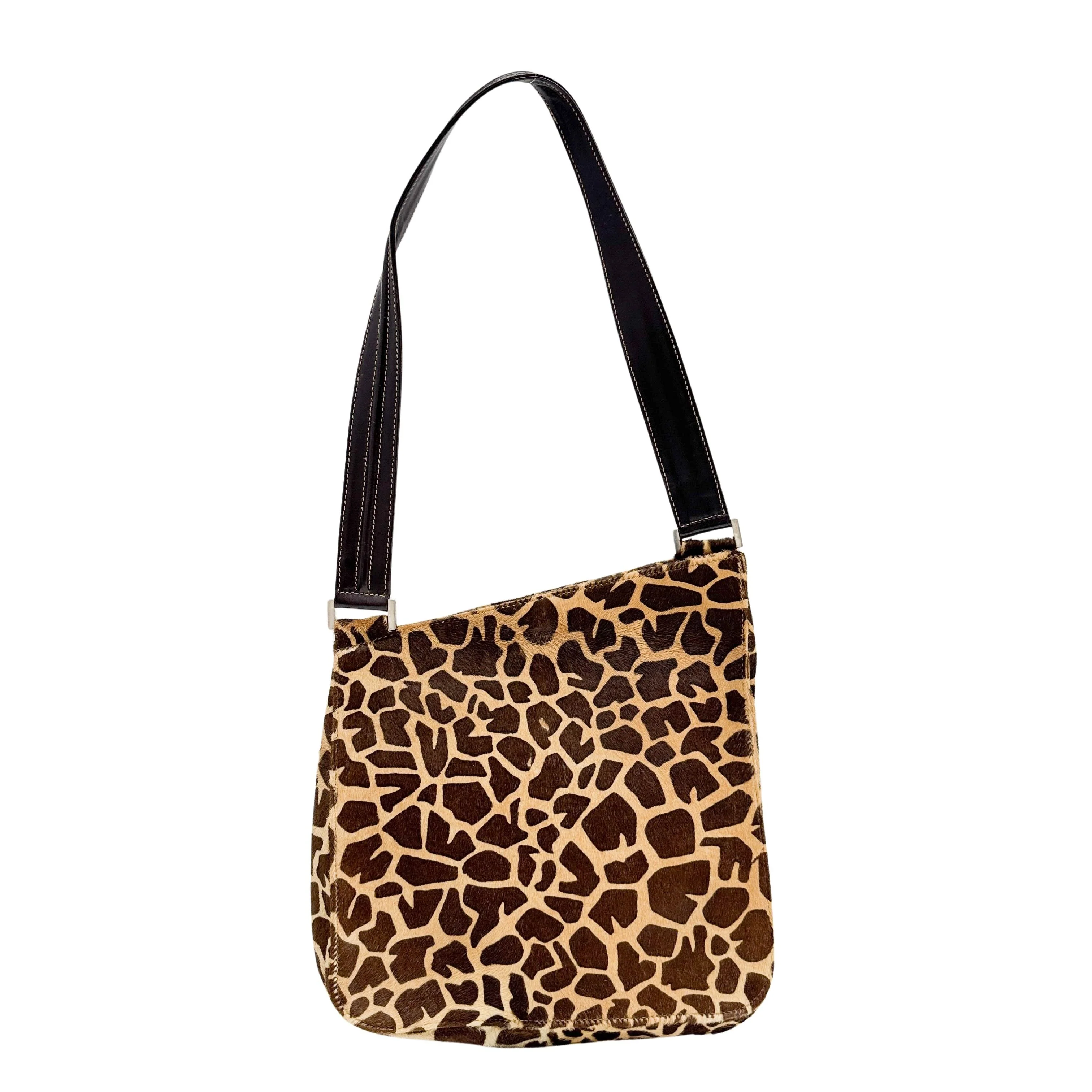 Asymmetrical Brown Giraffe Print Pony Hair Shoulder Bag - Image 2