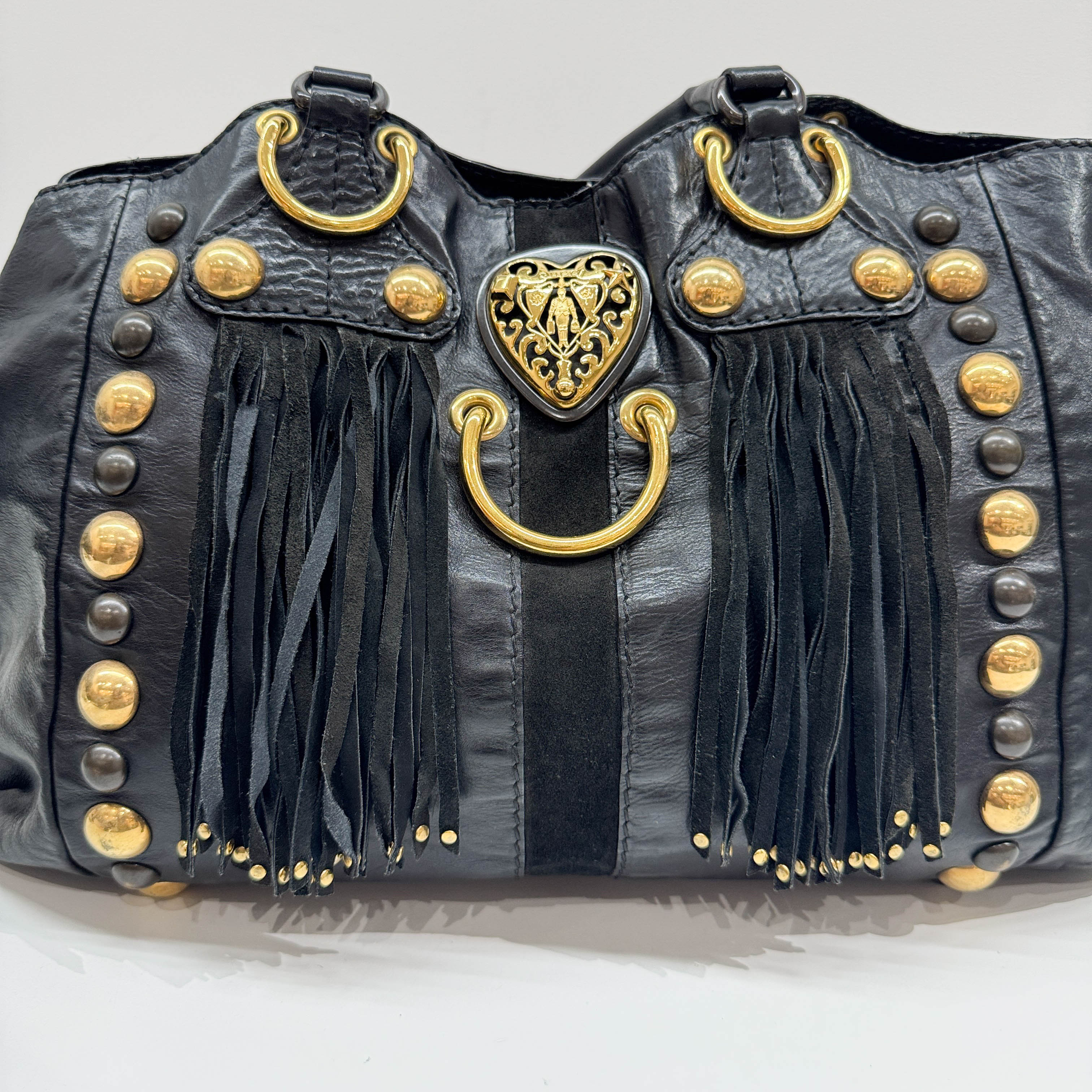 Babouska Studded Fringe Black Leather Shoulder Bag - Image 13