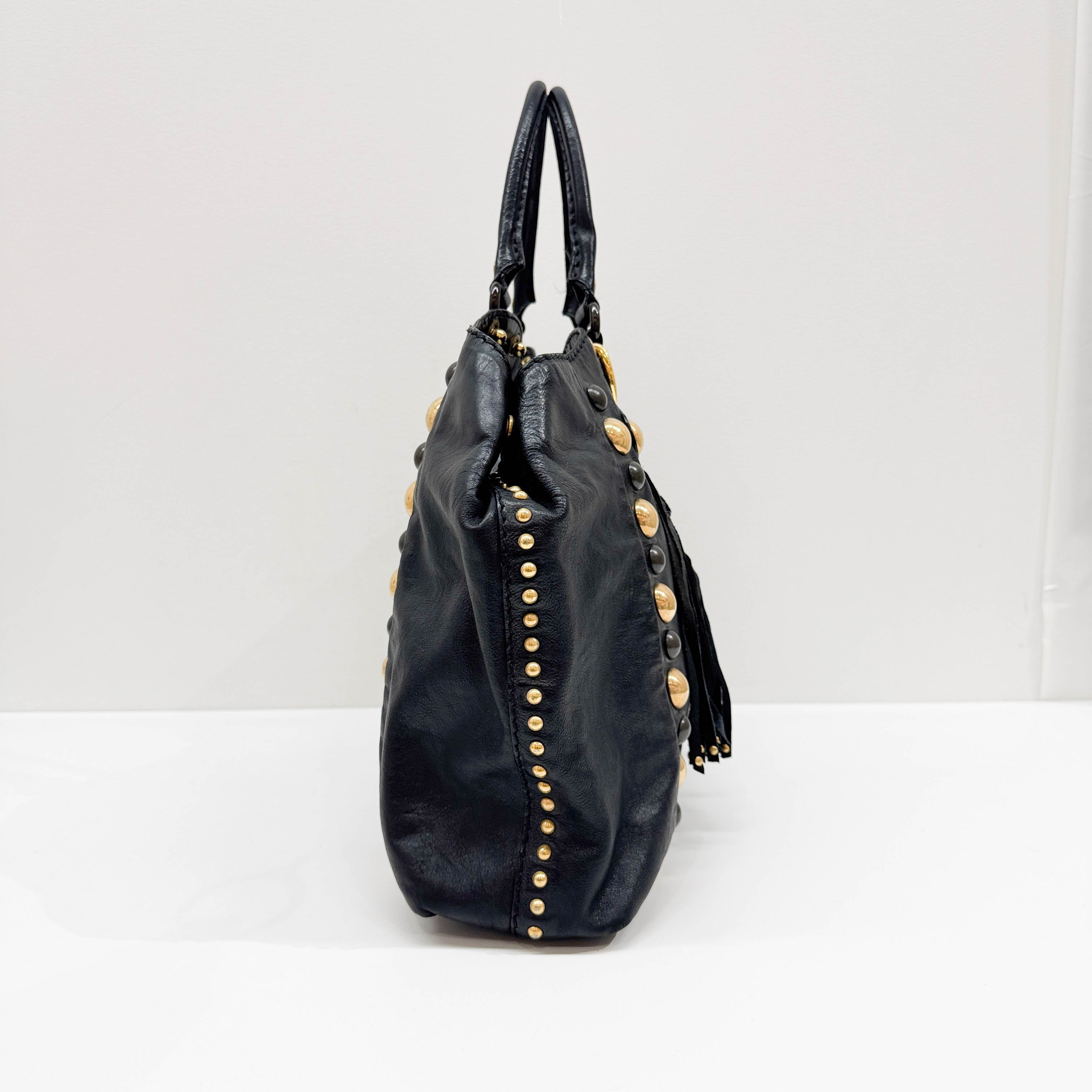 Babouska Studded Fringe Black Leather Shoulder Bag - Image 3