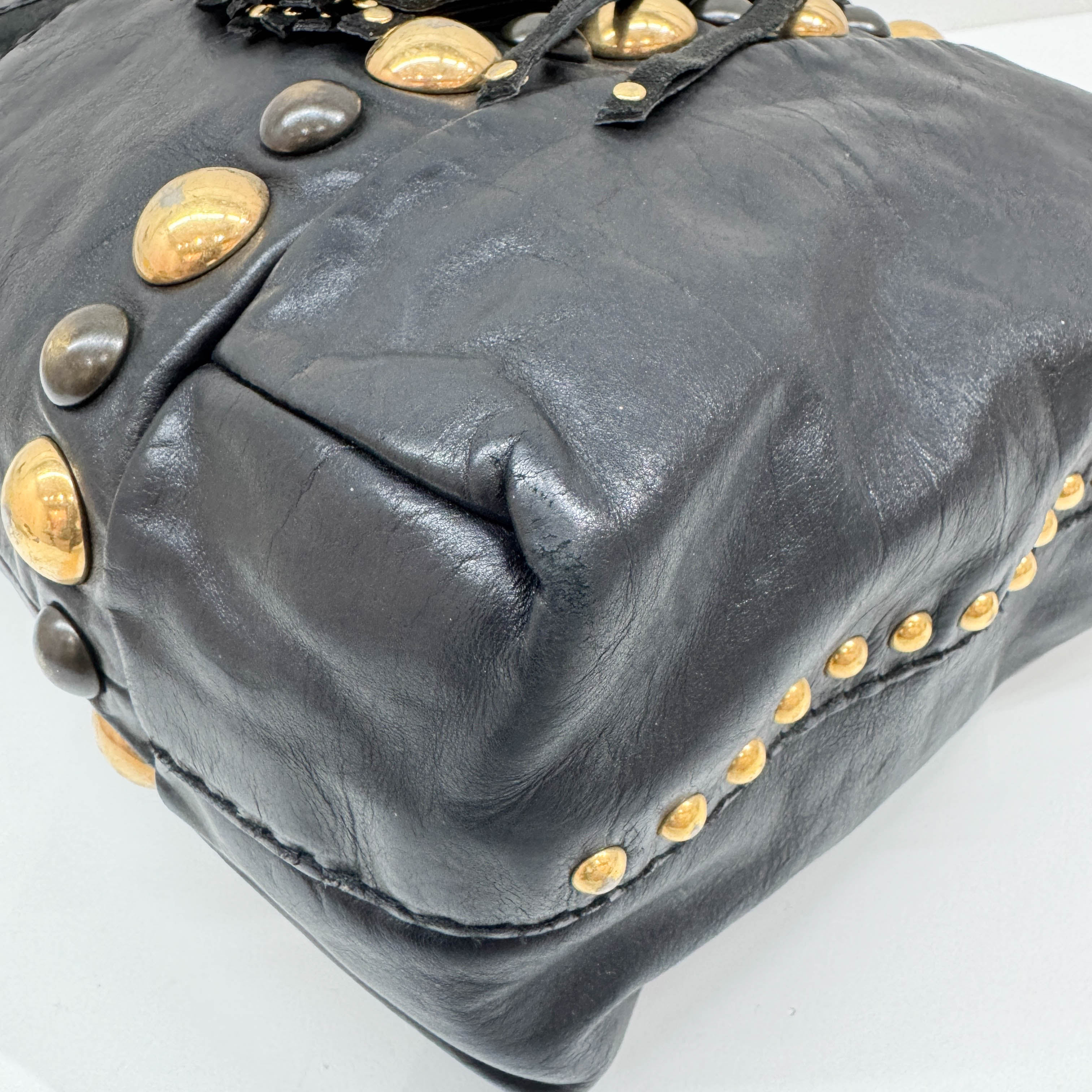 Babouska Studded Fringe Black Leather Shoulder Bag - Image 9