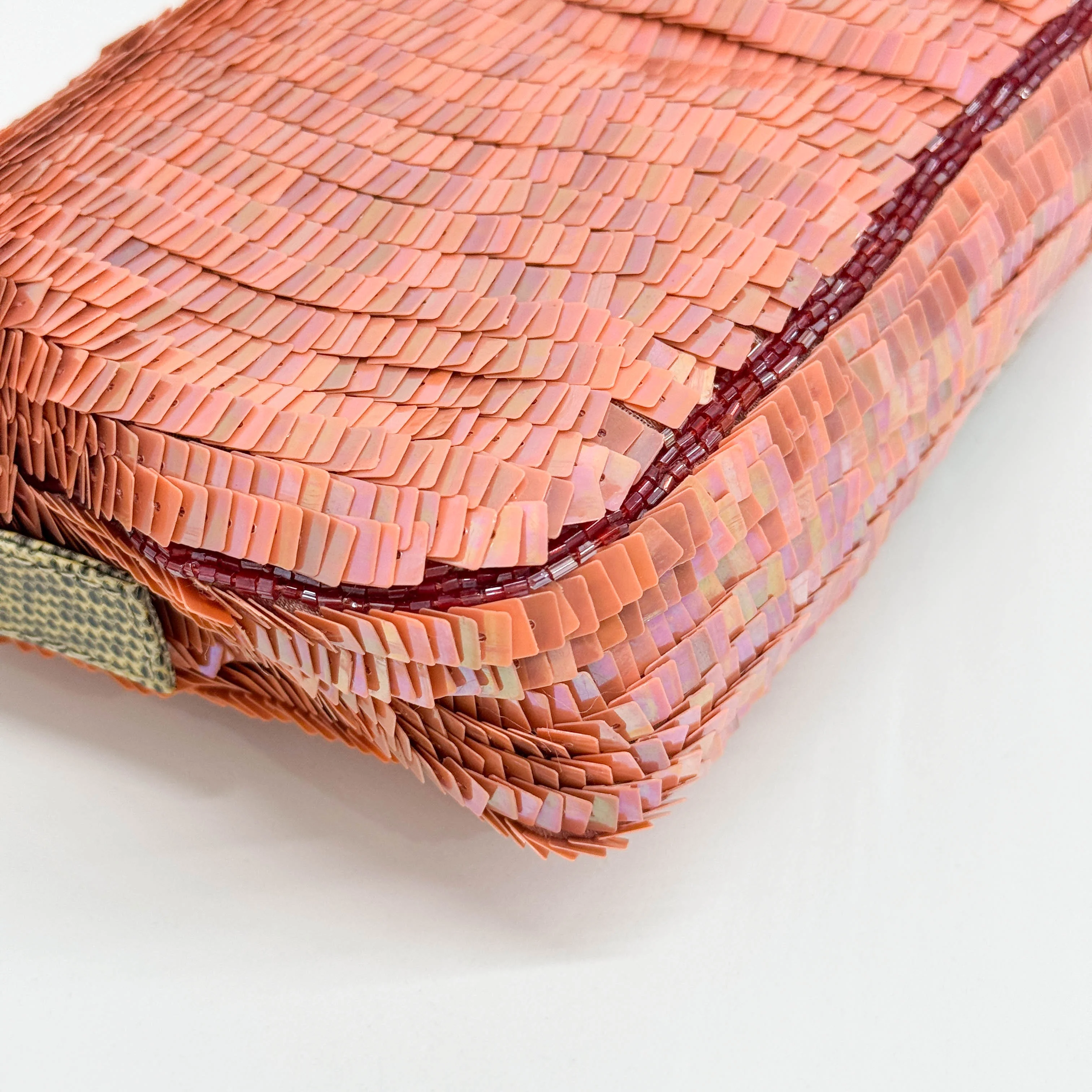 Baguette Beaded Details Coral Pink Sequin Shoulder Bag - Image 11