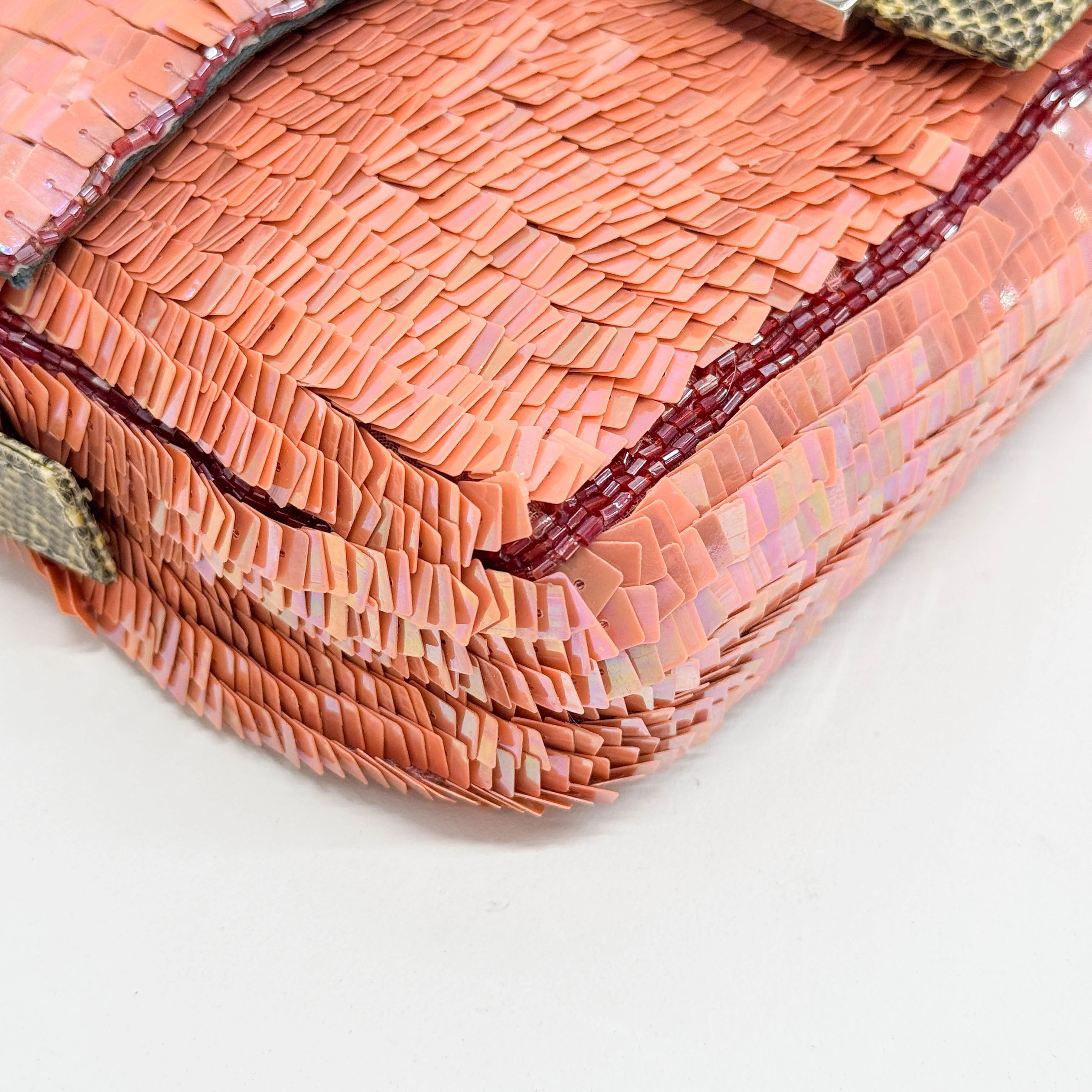 Baguette Beaded Details Coral Pink Sequin Shoulder Bag - Image 9