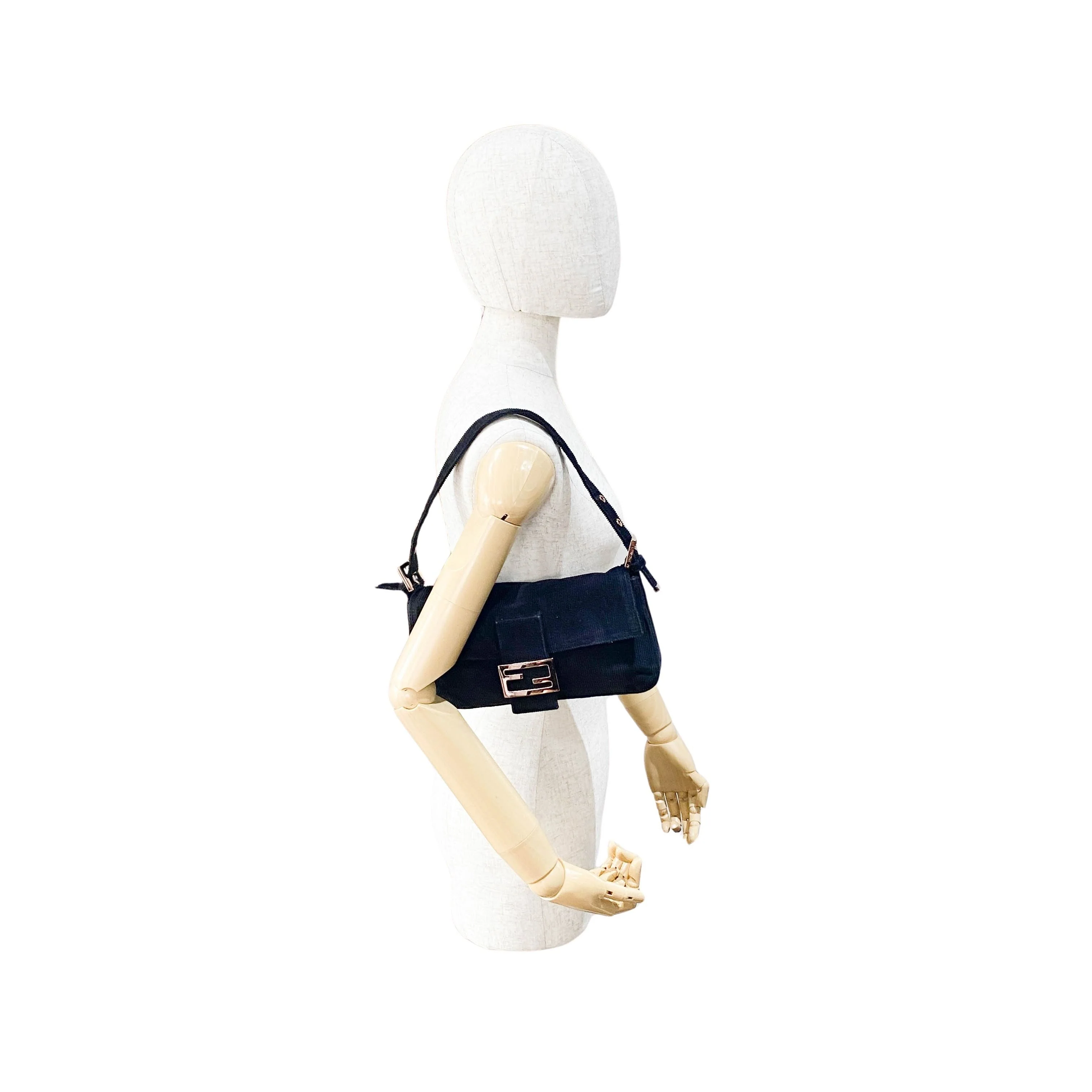 Baguette Black Corduroy Shoulder Bag - Image 8