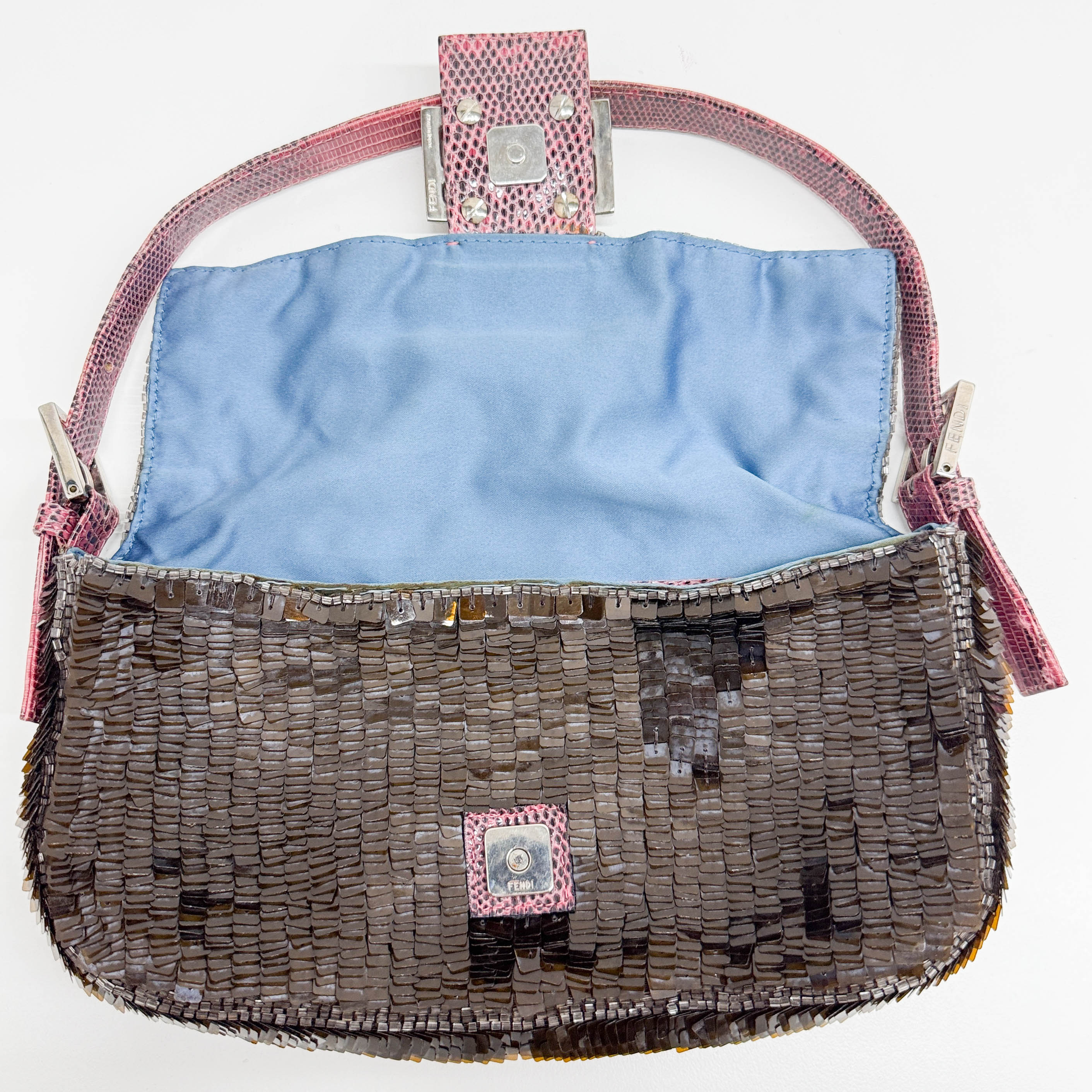 Baguette Blue Beaded Brown Sequin Shoulder Bag - Image 13