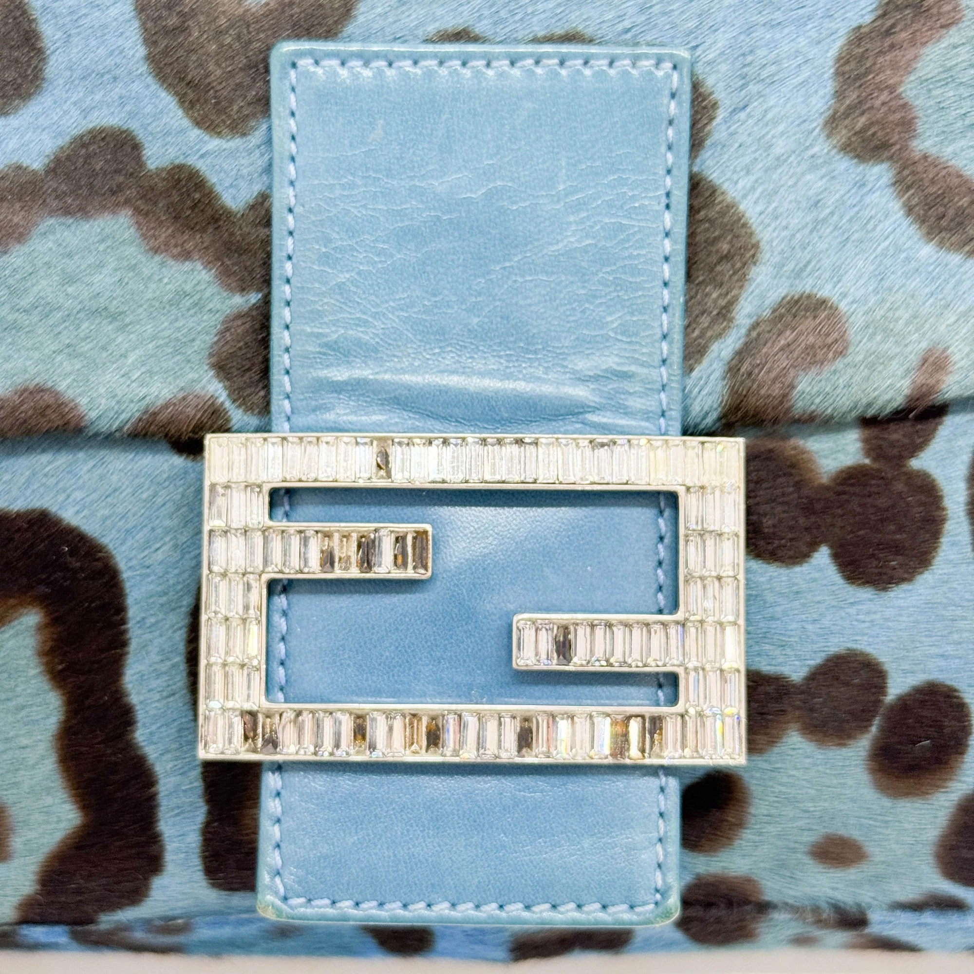 Baguette Blue Leopard Print Pony Hair Shoulder Bag - Image 15
