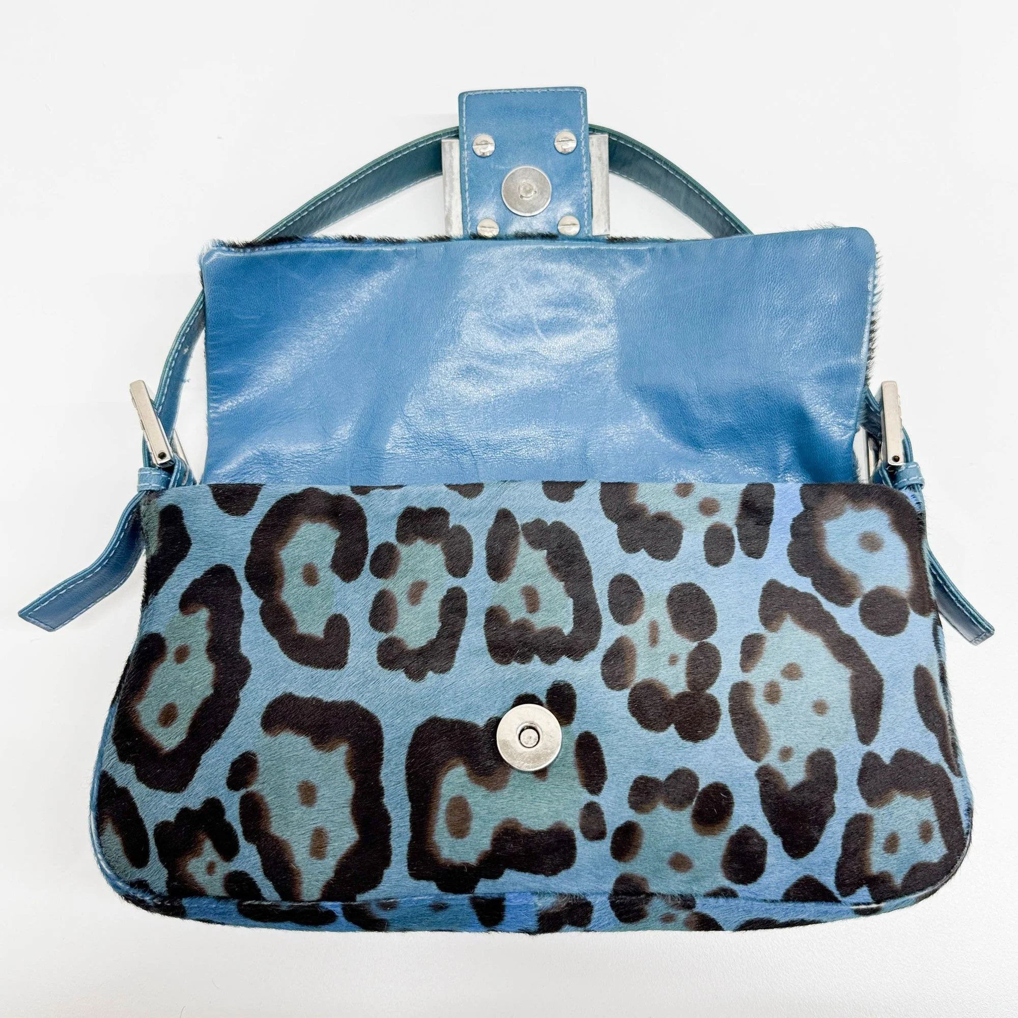 Baguette Blue Leopard Print Pony Hair Shoulder Bag - Image 17