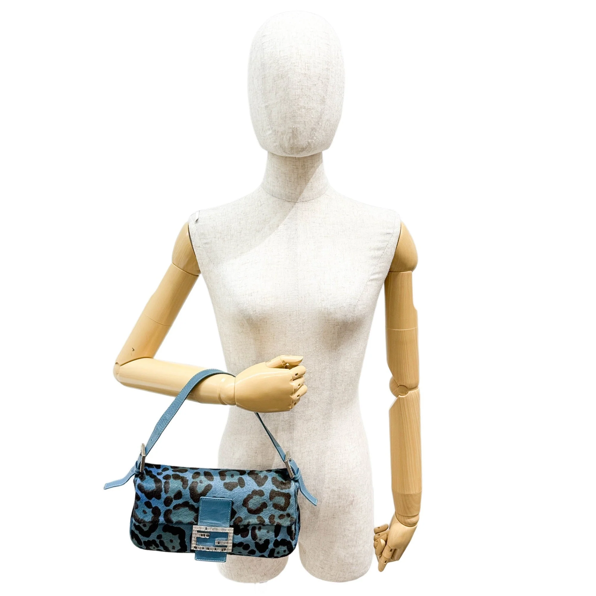 Baguette Blue Leopard Print Pony Hair Shoulder Bag - Image 3