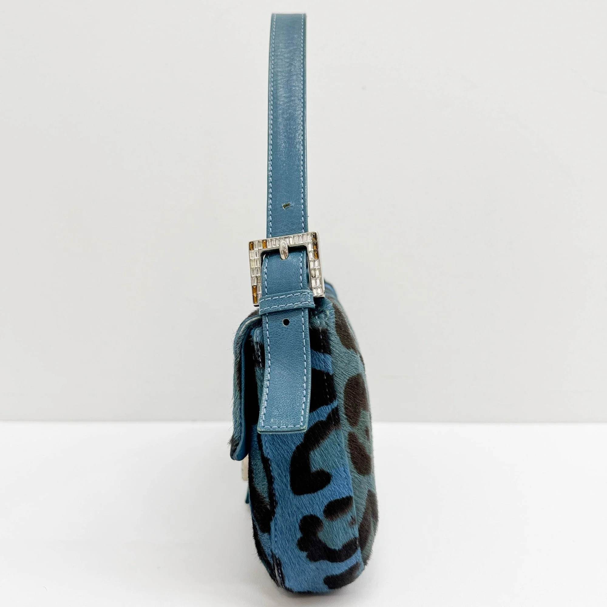 Baguette Blue Leopard Print Pony Hair Shoulder Bag - Image 7