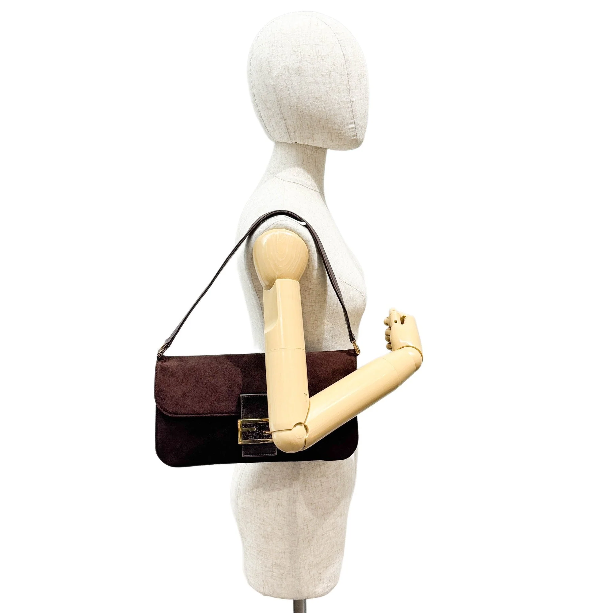 Baguette Brown Suede Shoulder Bag - Image 3