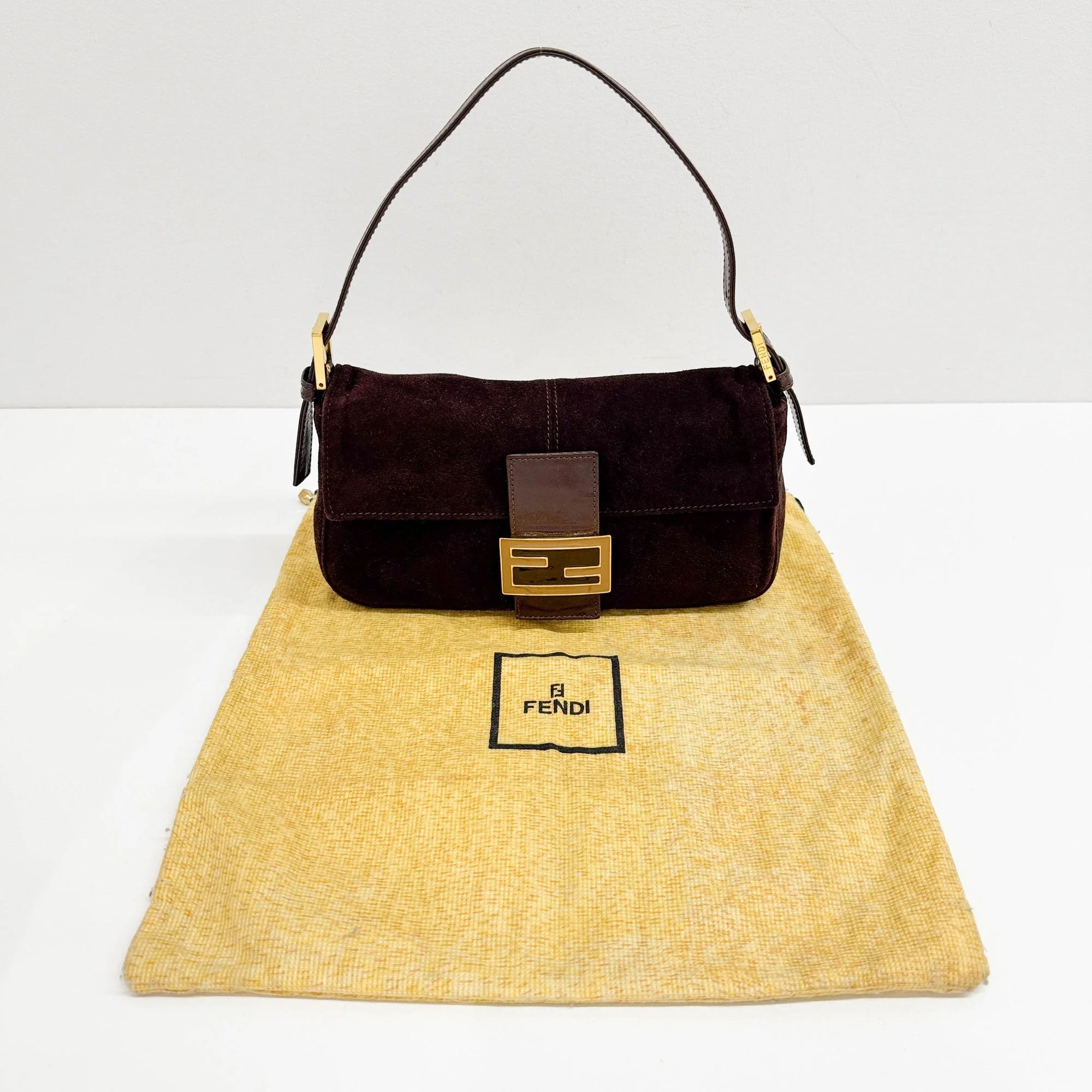 Baguette Brown Suede Shoulder Bag - Image 4