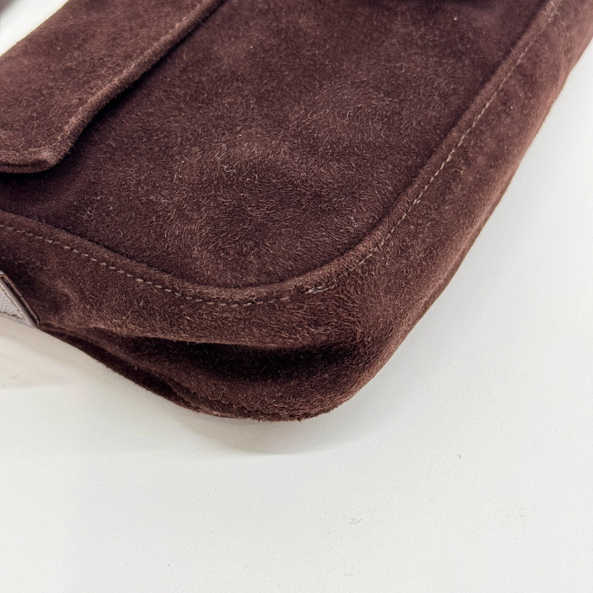 Baguette Brown Suede Shoulder Bag - Image 9