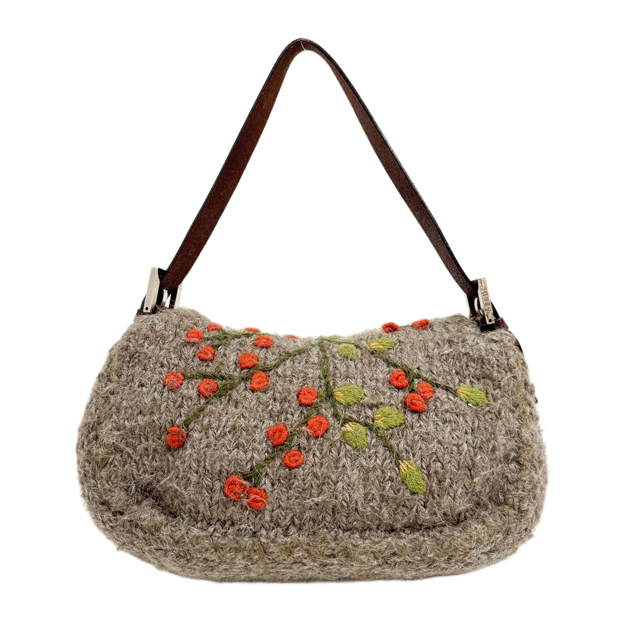Baguette Charcoal Wool with Embroidery Shoulder Bag - Image 2