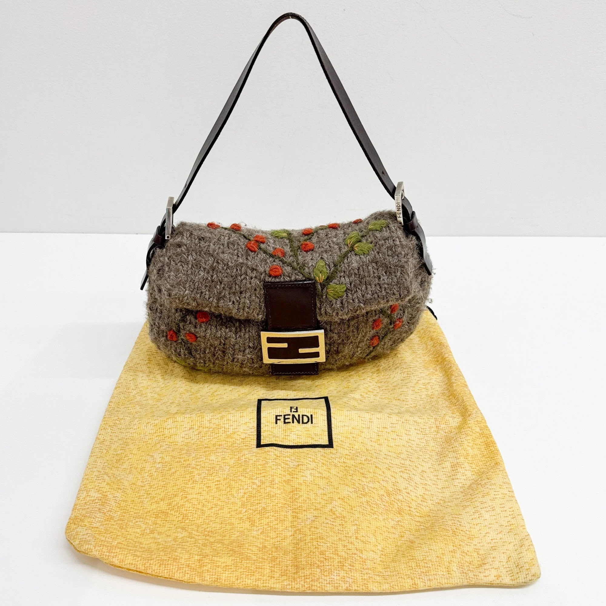Baguette Charcoal Wool with Embroidery Shoulder Bag - Image 4