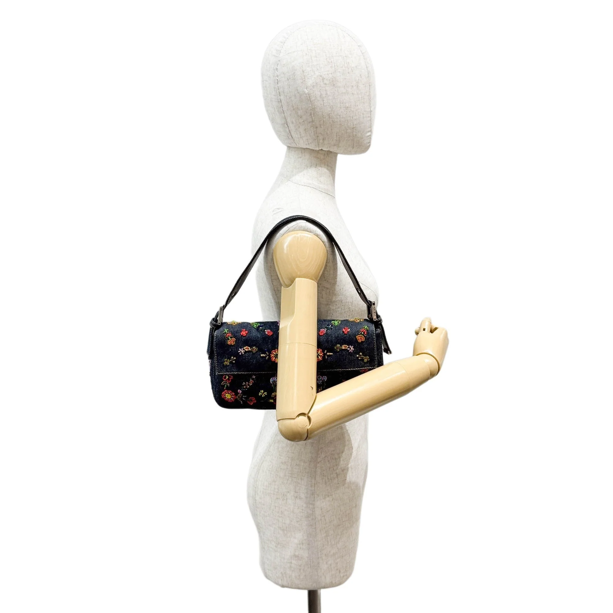 Baguette Denim Flower Beads Embroidery Shoulder Bag - Image 3