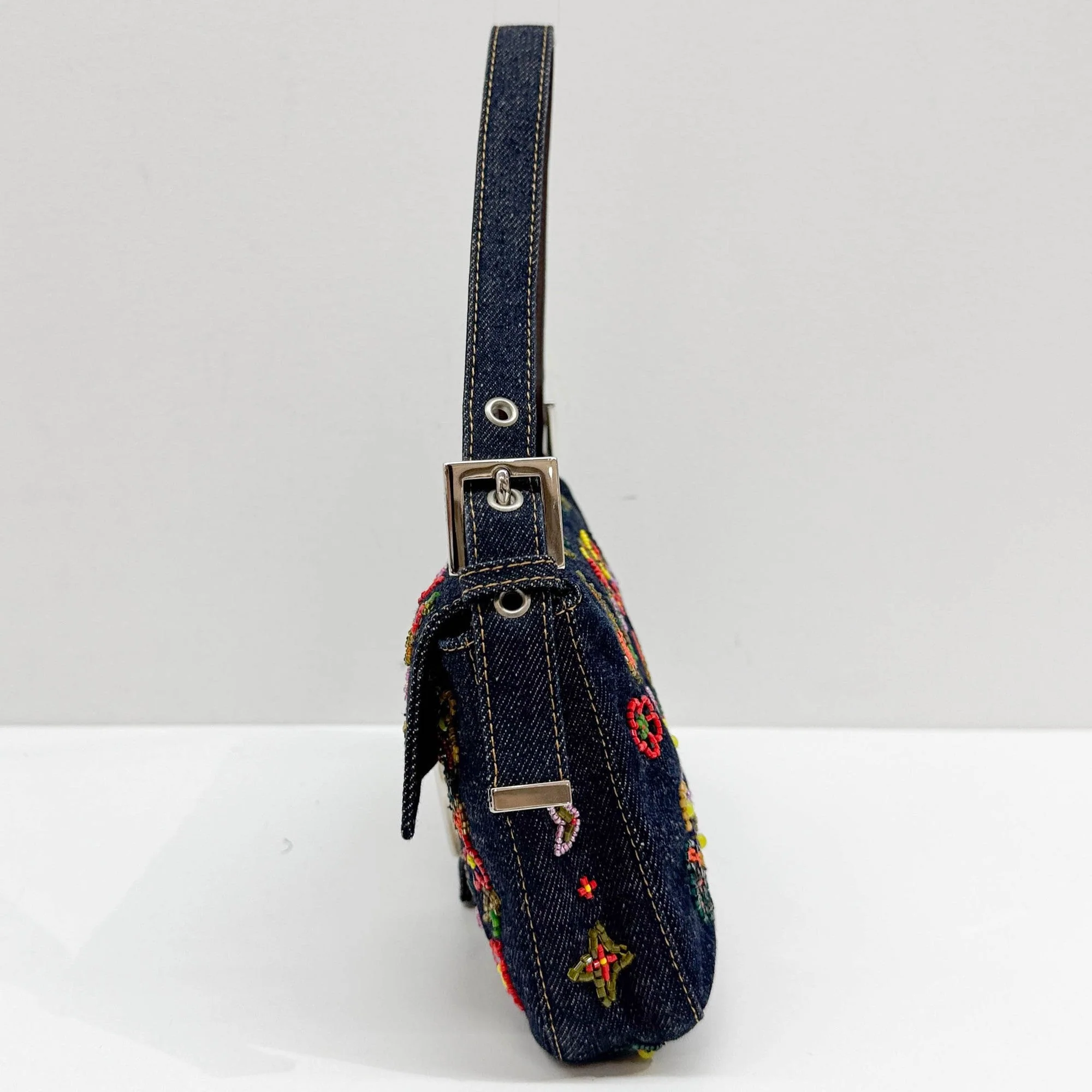 Baguette Denim Flower Beads Embroidery Shoulder Bag - Image 5