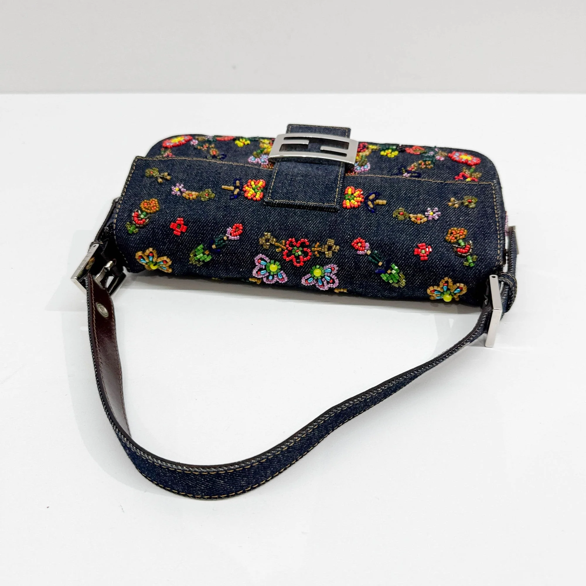 Baguette Denim Flower Beads Embroidery Shoulder Bag - Image 7