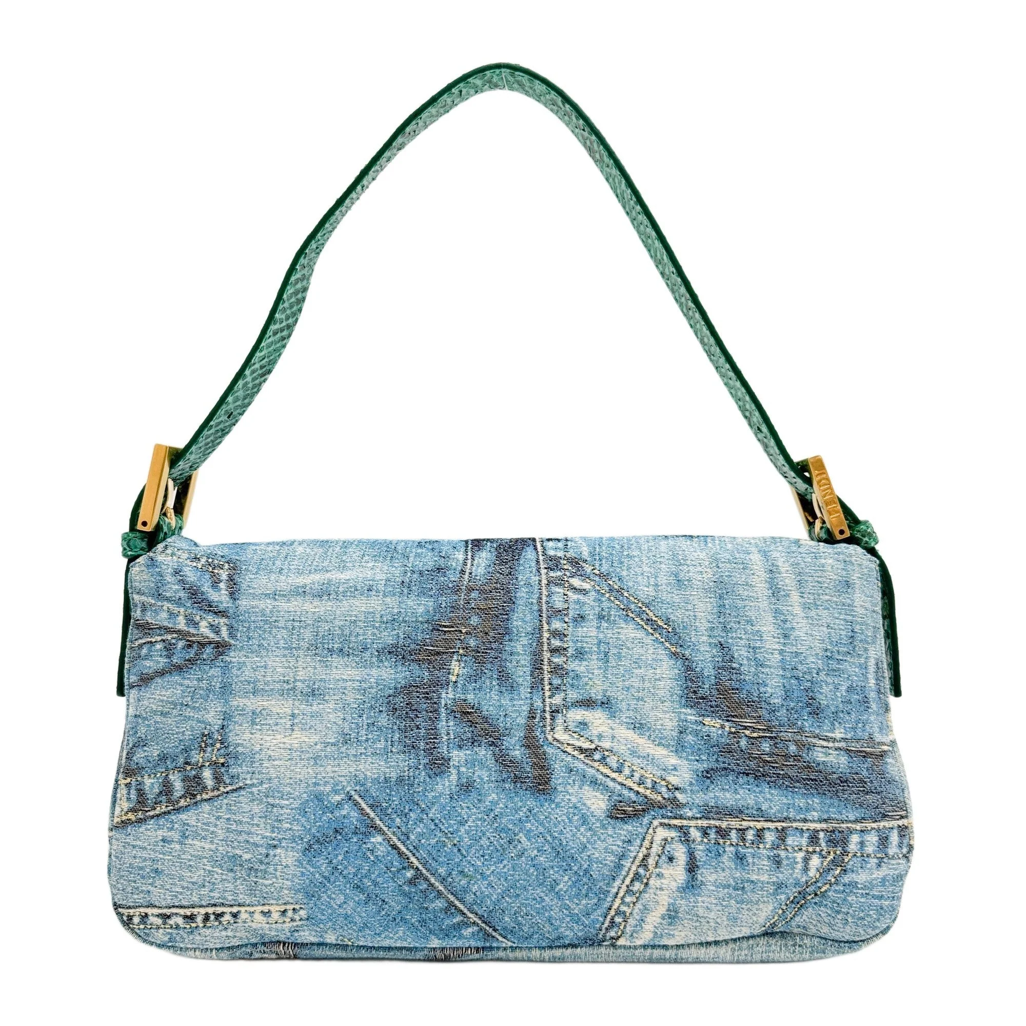 Baguette Denim Print Canvas with Python Shoulder Bag - Image 2