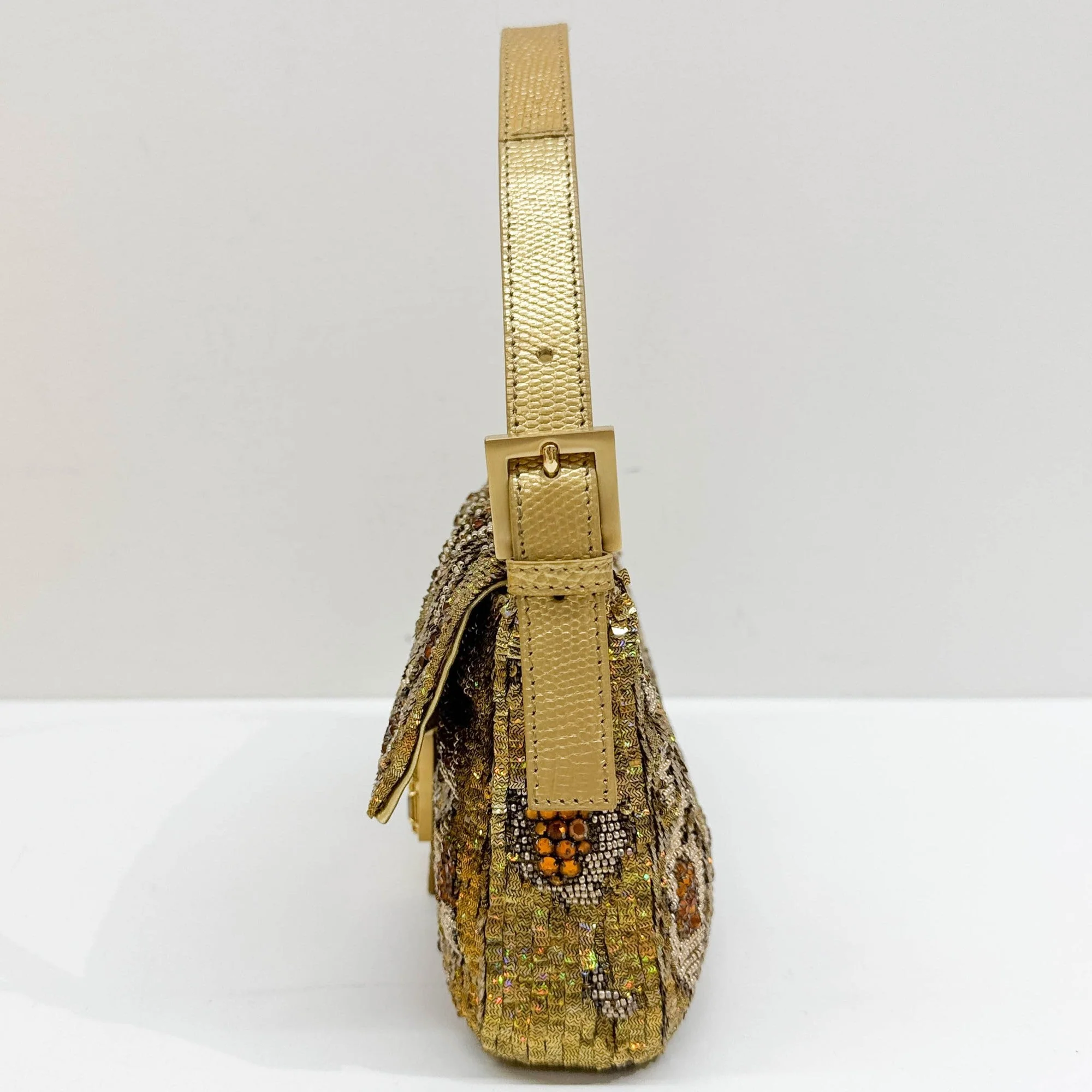 Baguette Embroidered Beads & Rhinestones Gold Sequin Shoulder Bag - Image 5
