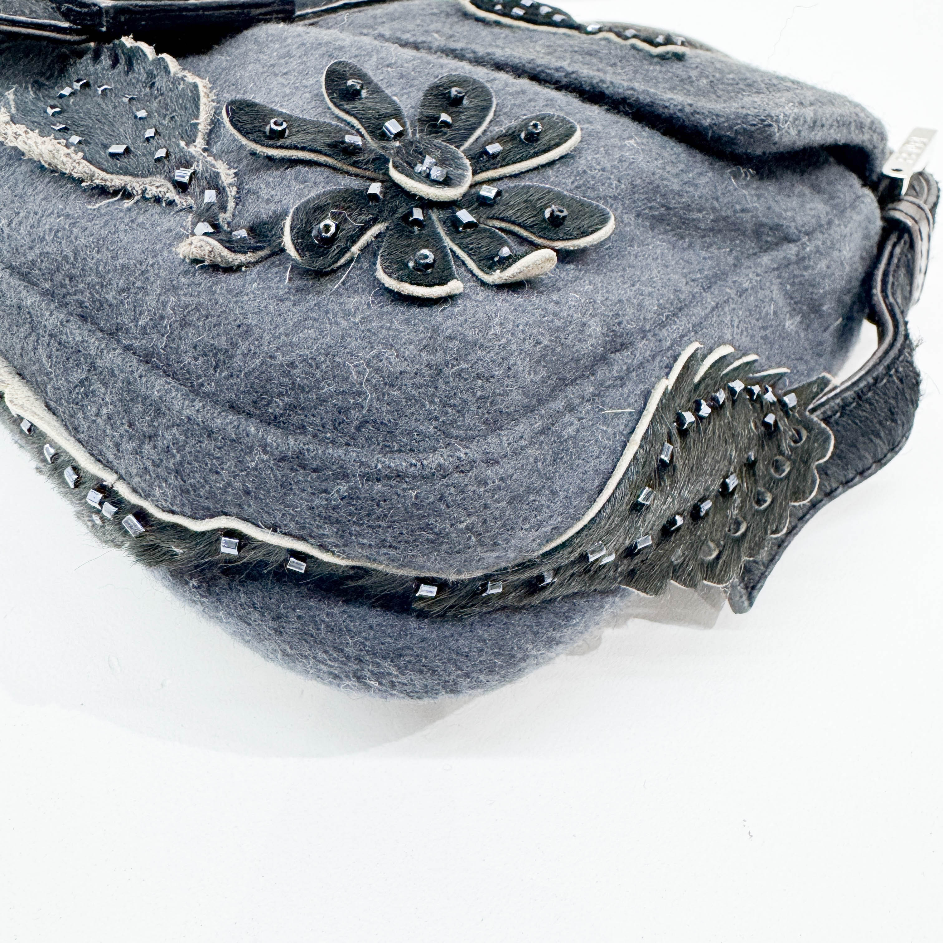 Baguette Floral Pony Hair Applique Gray Wool Shoulder Bag - Image 10