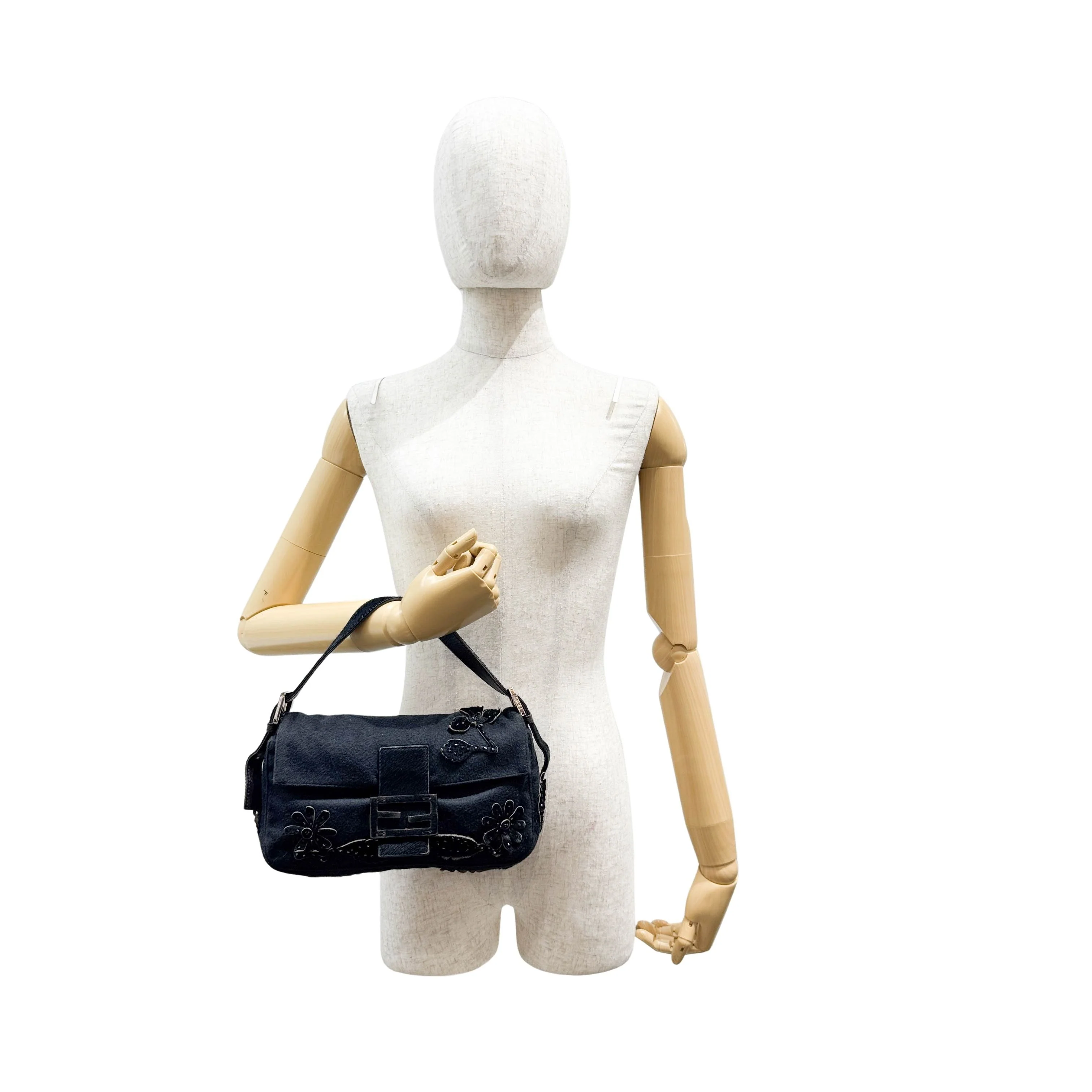 Baguette Floral Pony Hair Applique Gray Wool Shoulder Bag - Image 6