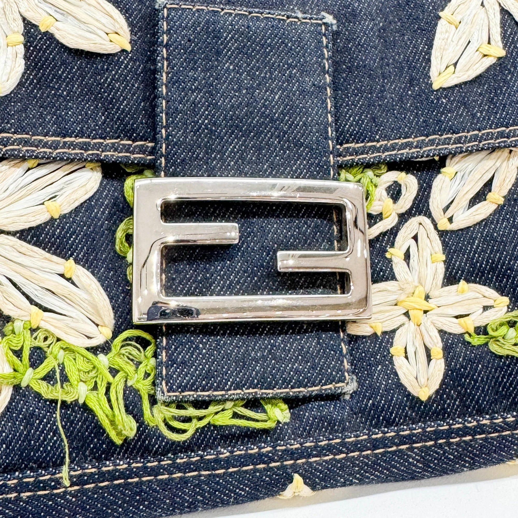 Baguette Floral Raffia Embroidered Navy Denim Shoulder Bag - Image 13