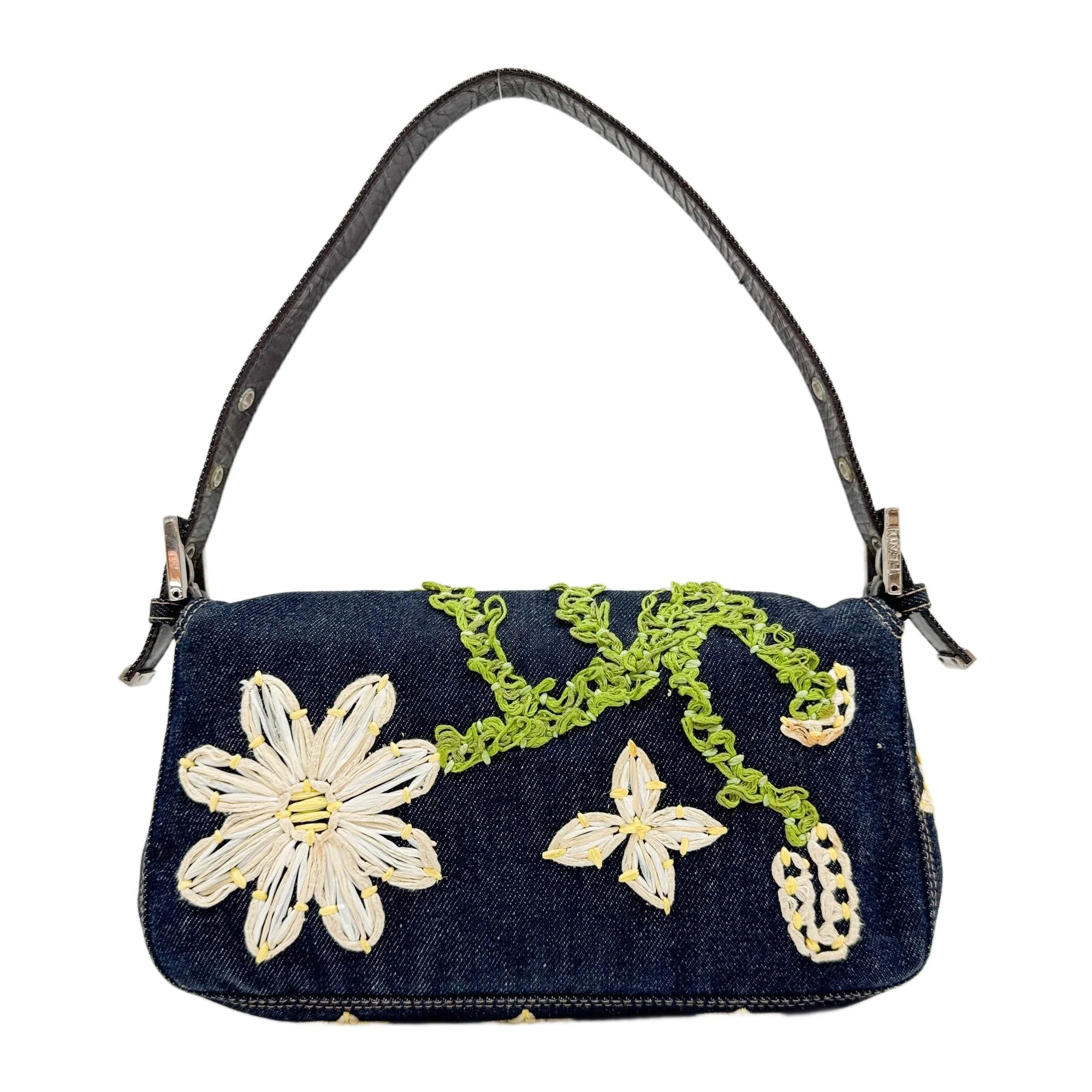 Baguette Floral Raffia Embroidered Navy Denim Shoulder Bag - Image 2