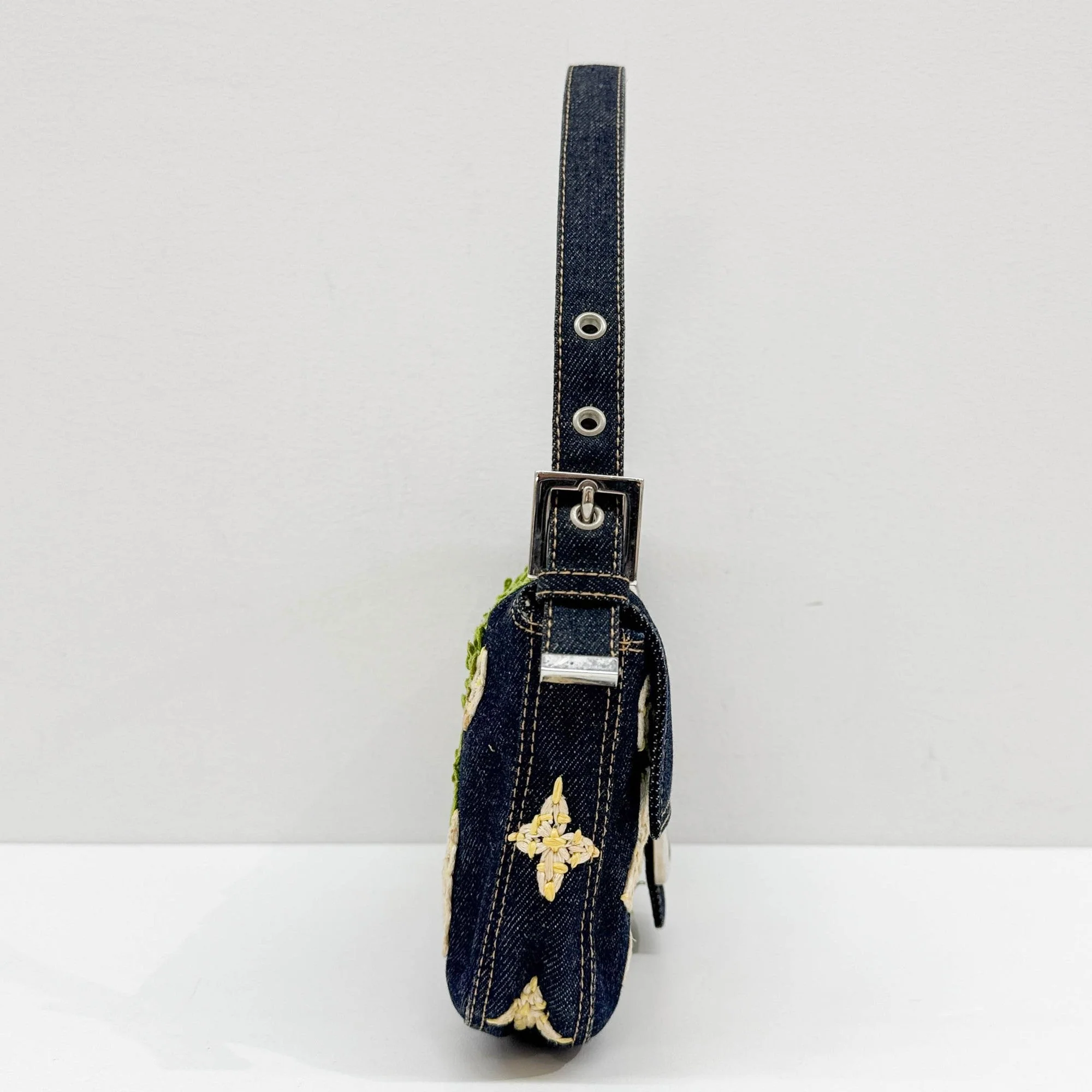 Baguette Floral Raffia Embroidered Navy Denim Shoulder Bag - Image 4