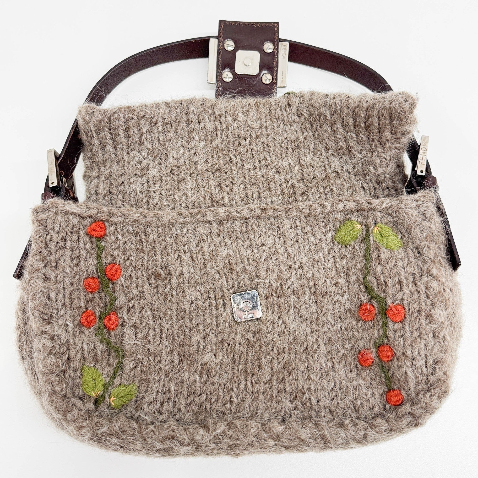 Baguette Knitted Brown Wool Shoulder Bag - Image 14