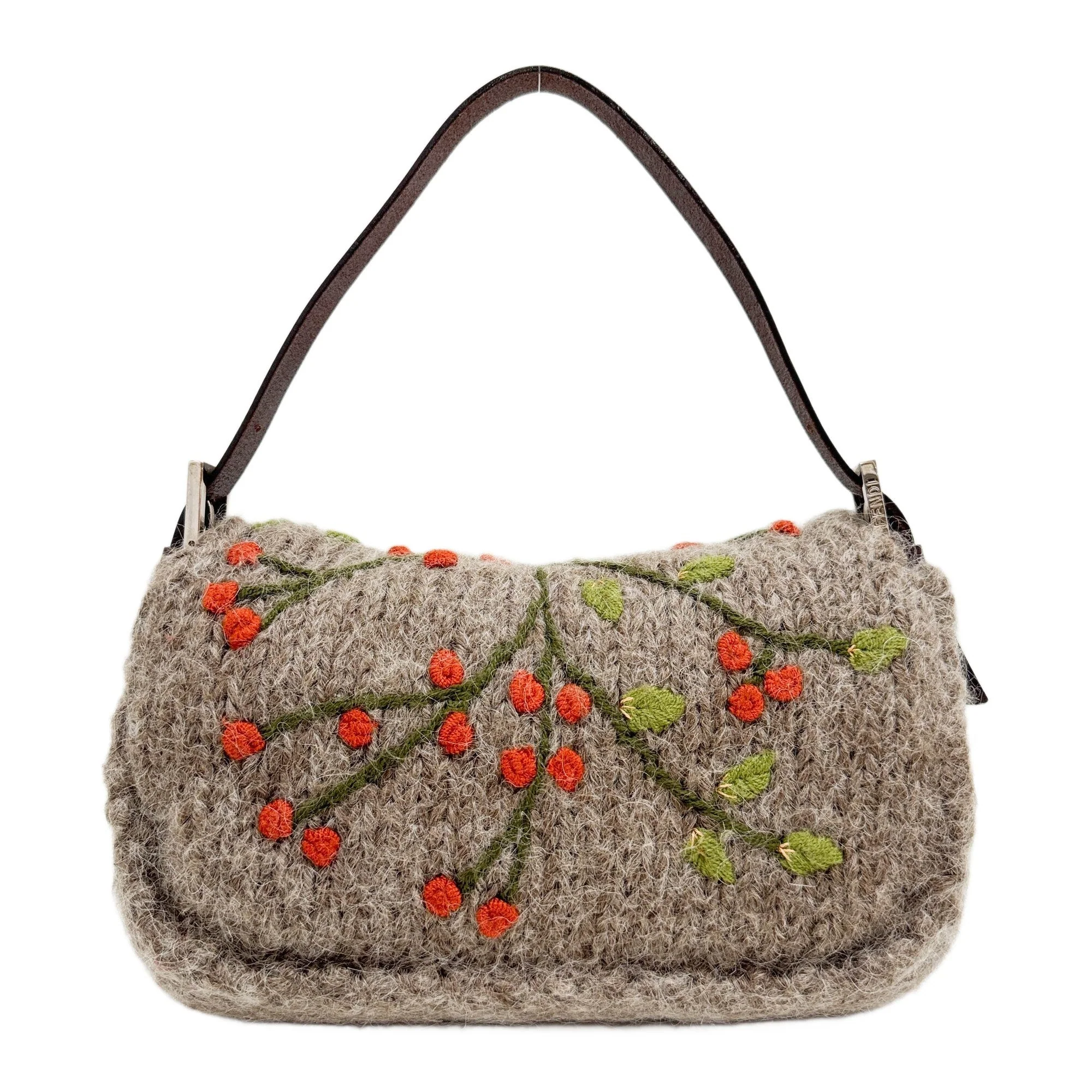 Baguette Knitted Brown Wool Shoulder Bag - Image 2