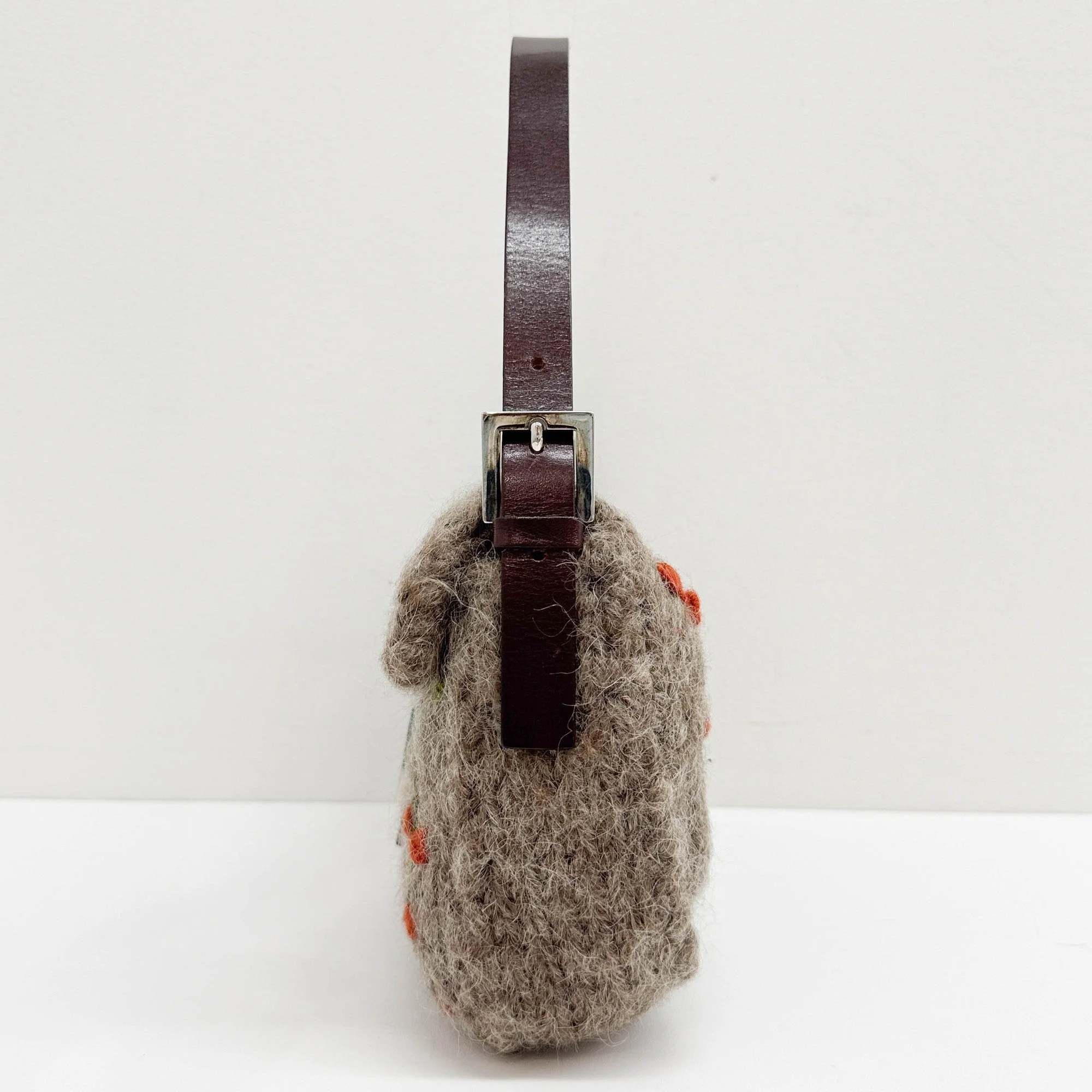 Baguette Knitted Brown Wool Shoulder Bag - Image 6