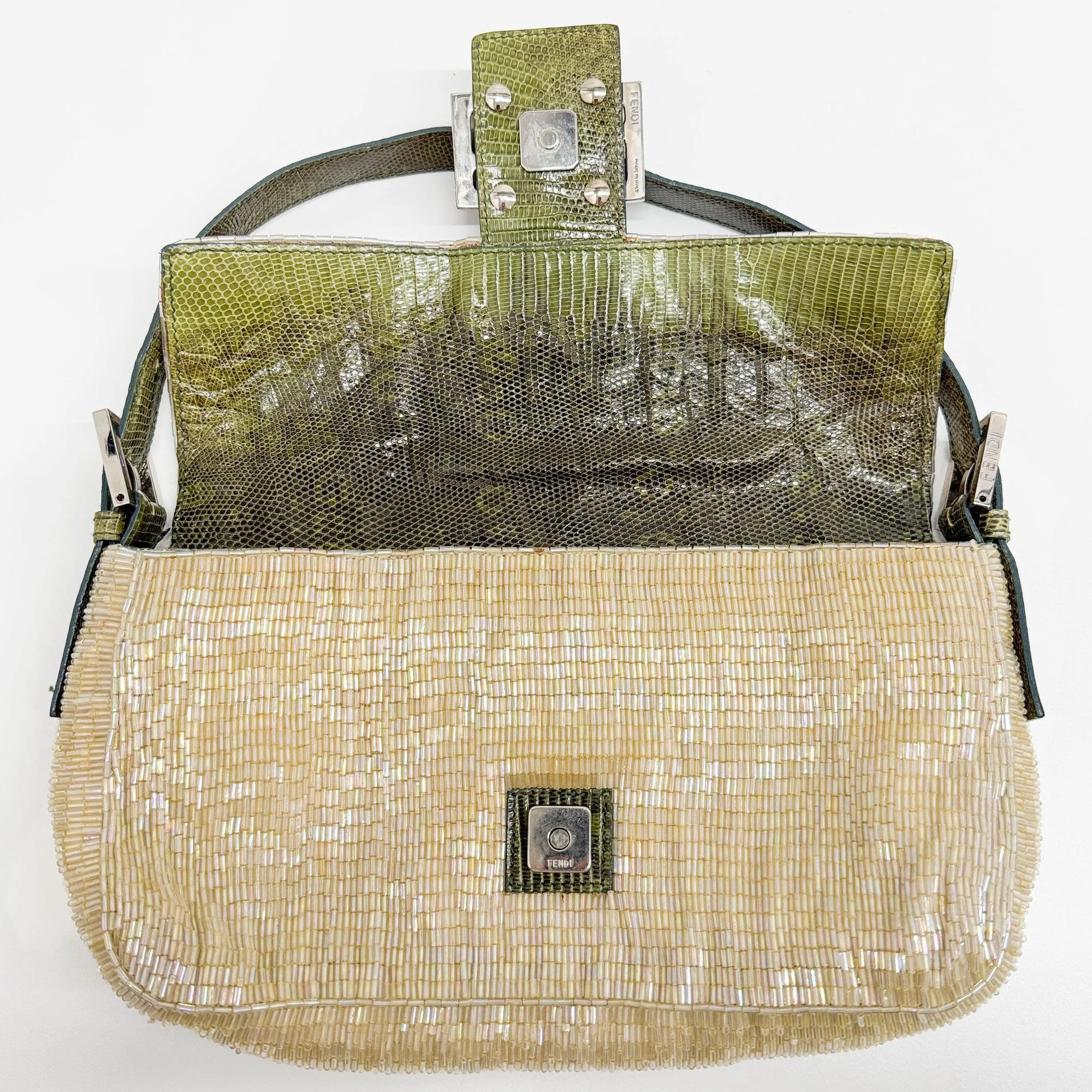 Baguette Lizard Embossed Buckle Champagne Gold Beads Shoulder Bag - Image 14