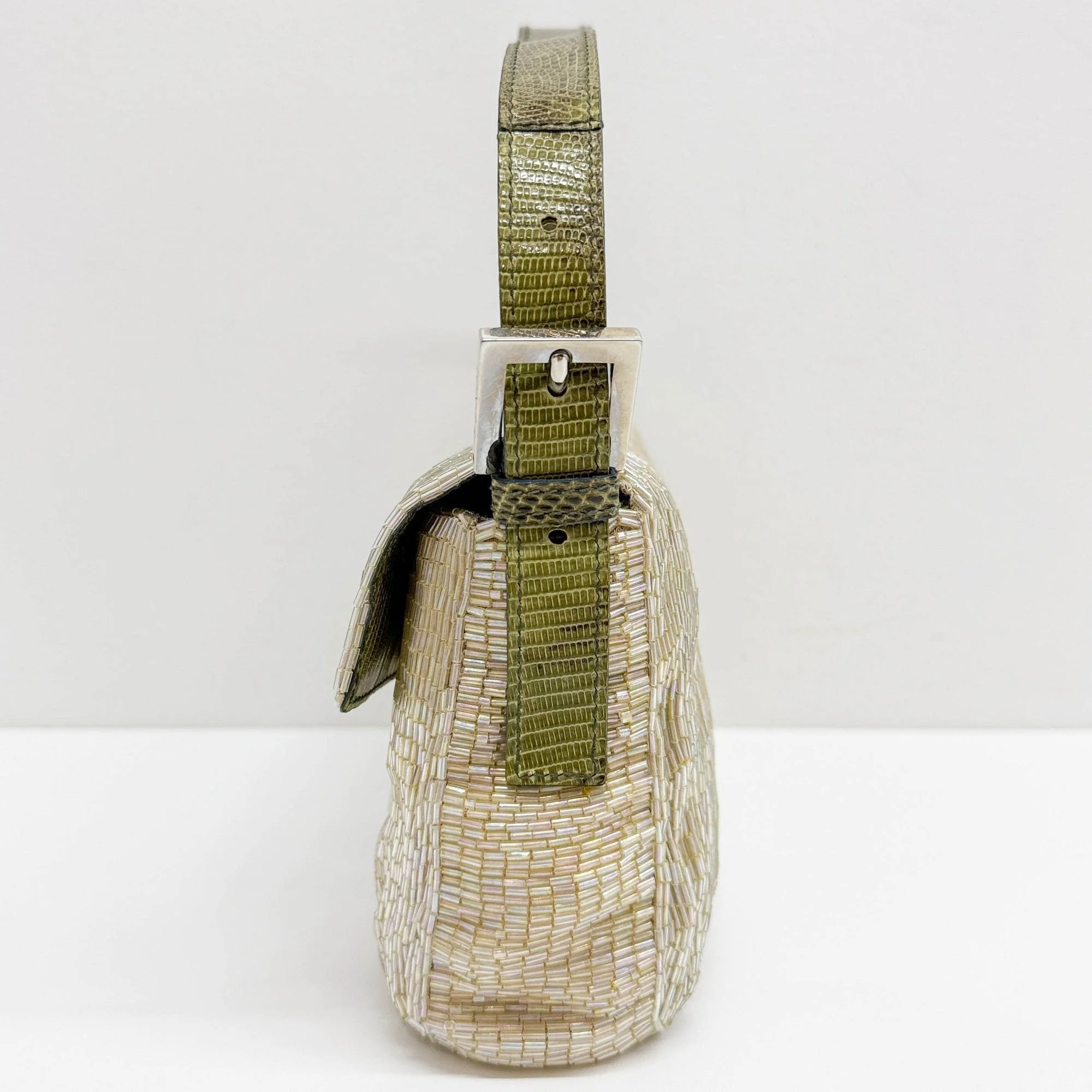 Baguette Lizard Embossed Buckle Champagne Gold Beads Shoulder Bag - Image 5
