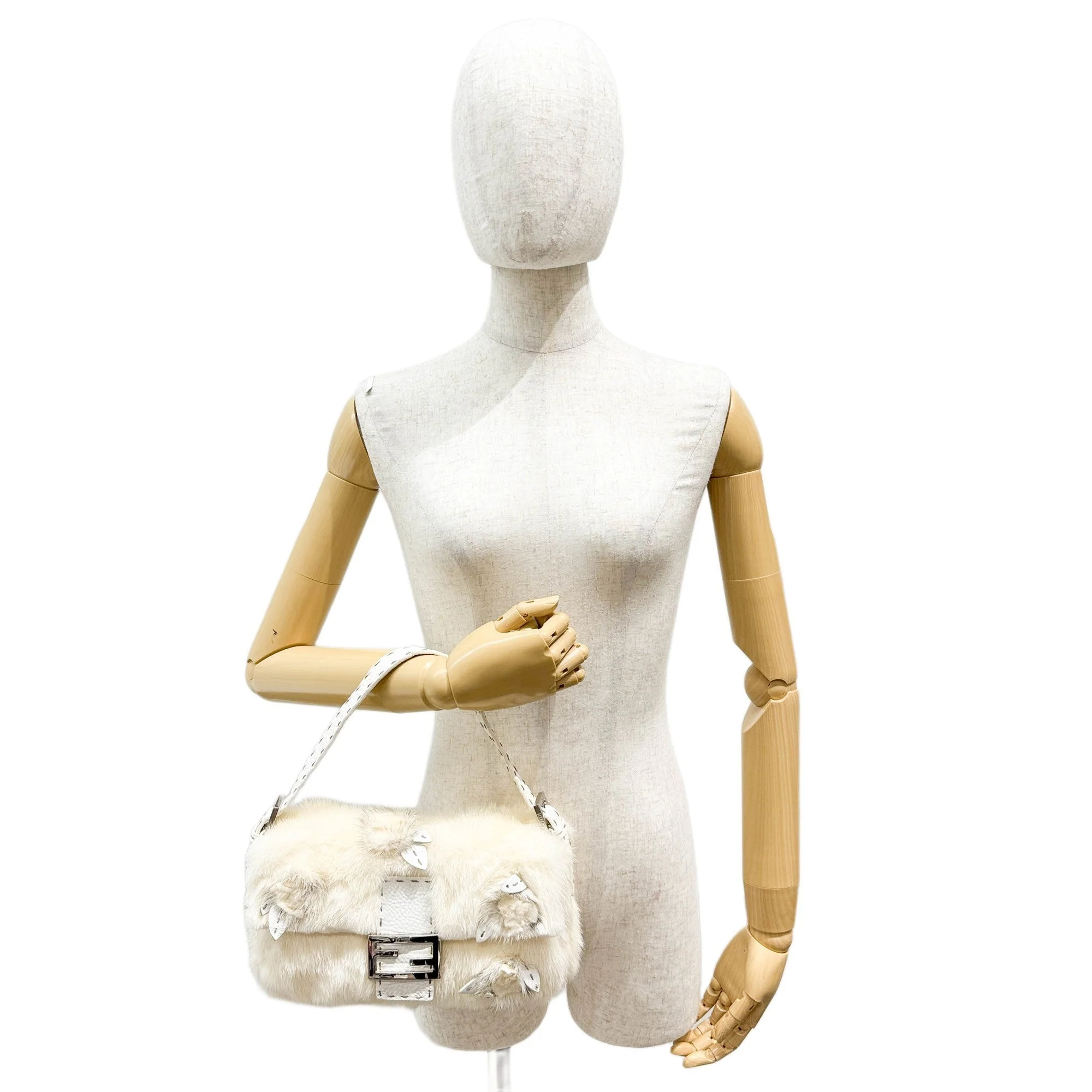 Baguette Off-white Fur with Rose Details Shoulder Bag - Image 3