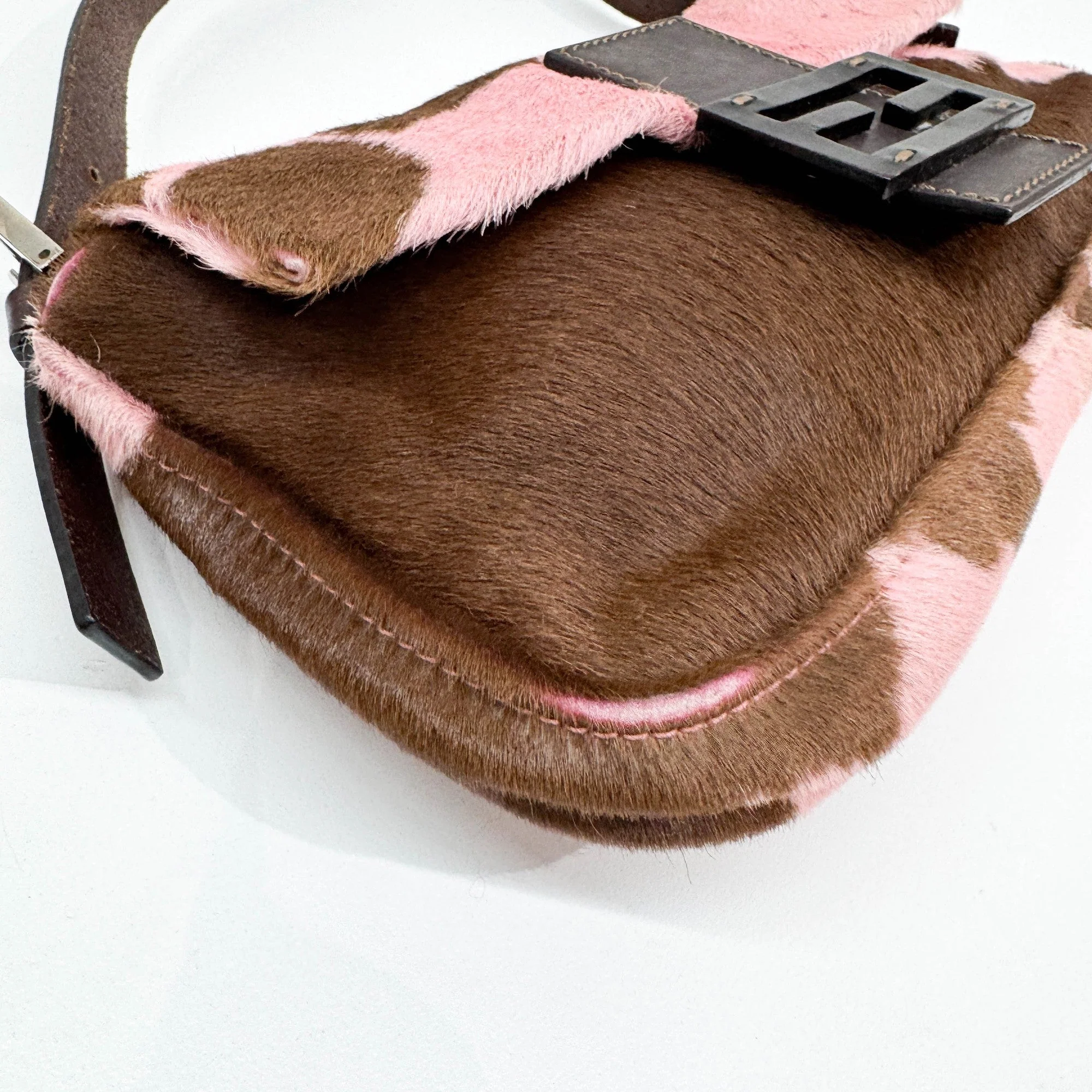 Baguette Pink & Brown Cow Print Pony Hair Shoulder Bag - Image 8