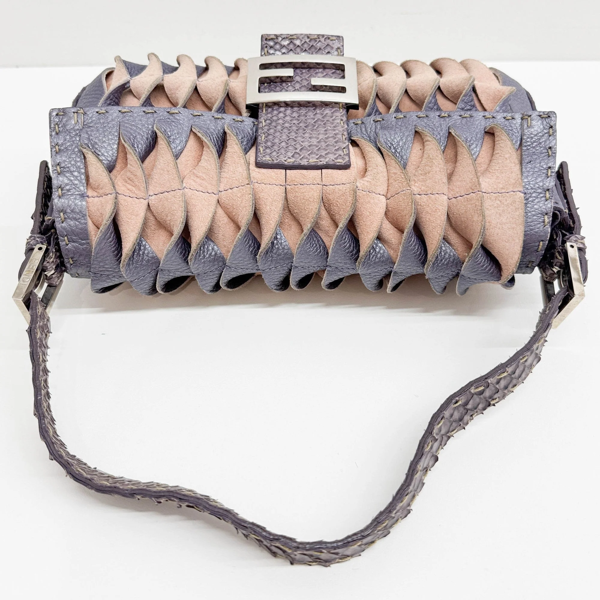 Baguette Purple Snakeskin Embossed Ruffled Selleria Leather Shoulder Bag - Image 6