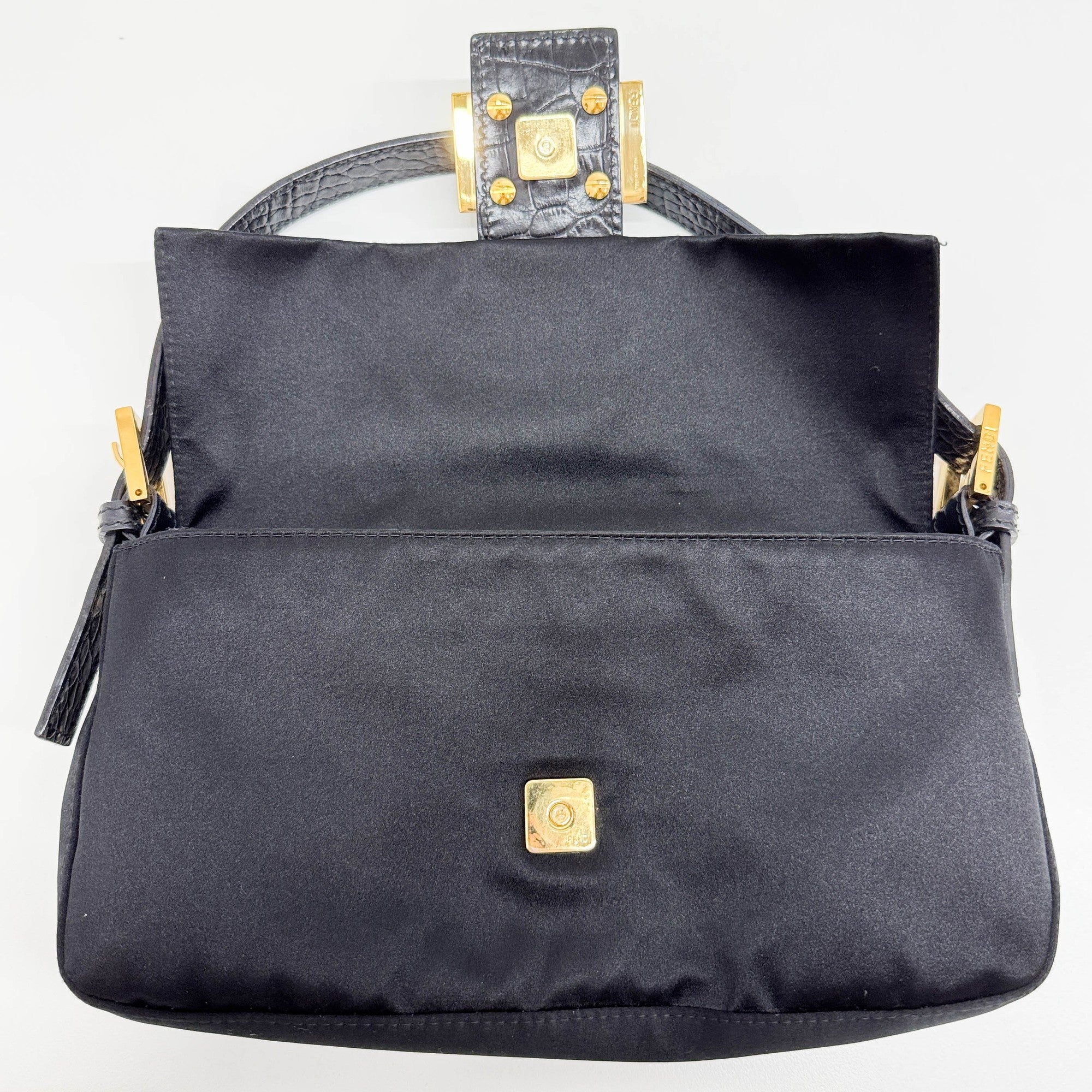 Baguette Rhinestone Buckle Black Satin Shoulder Bag - Image 13