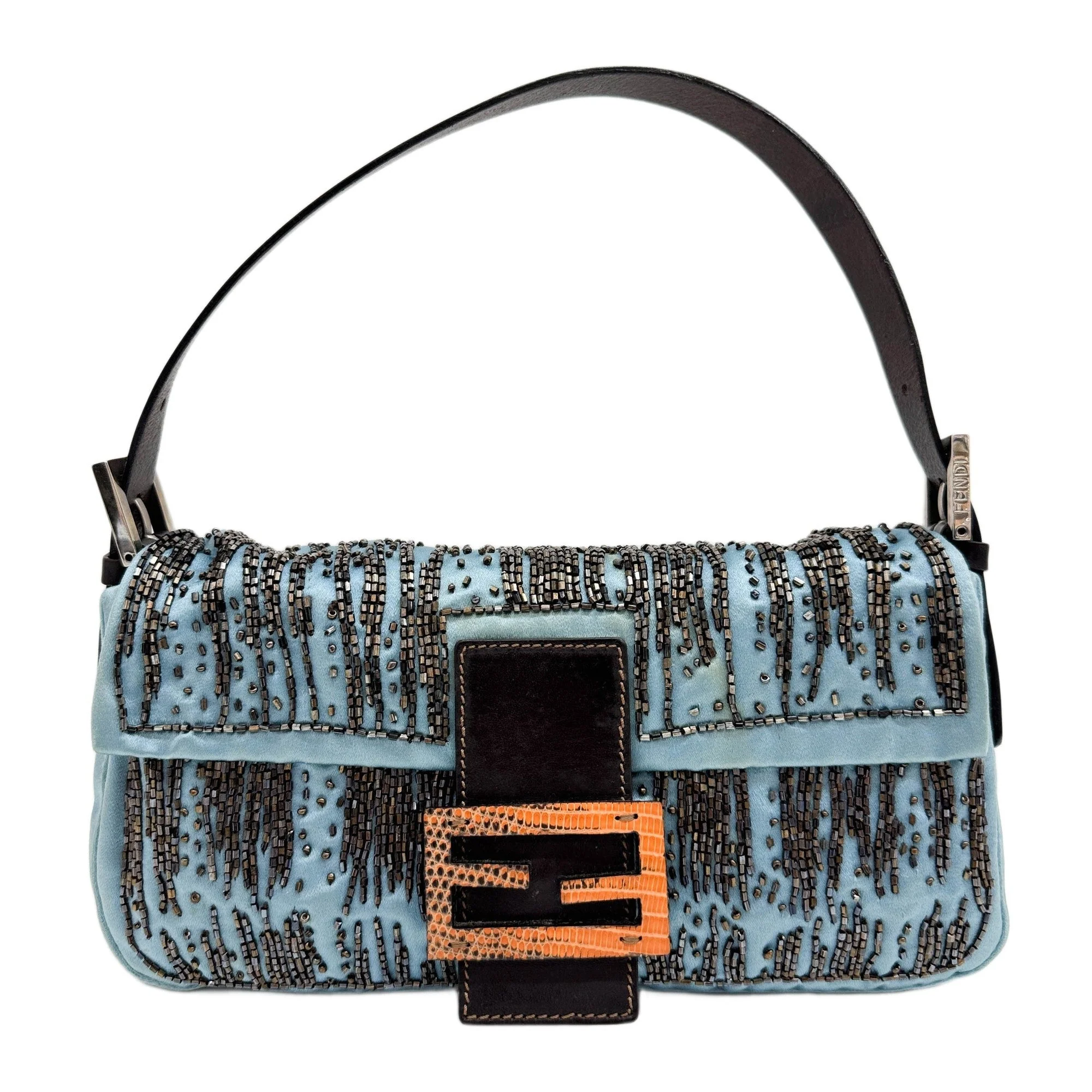 Baguette Silver Beaded Blue Satin Shoulder Bag