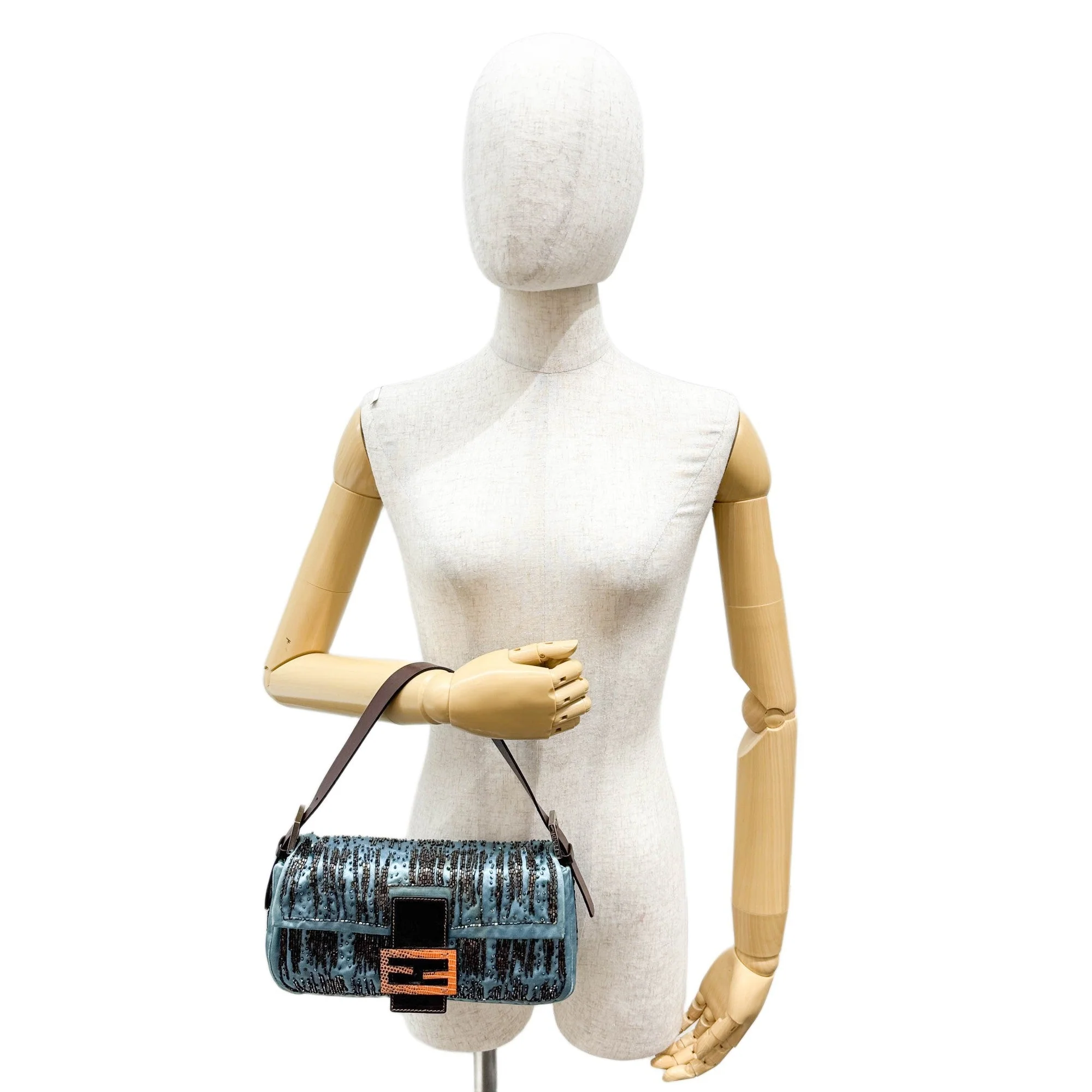 Baguette Silver Beaded Blue Satin Shoulder Bag - Image 3