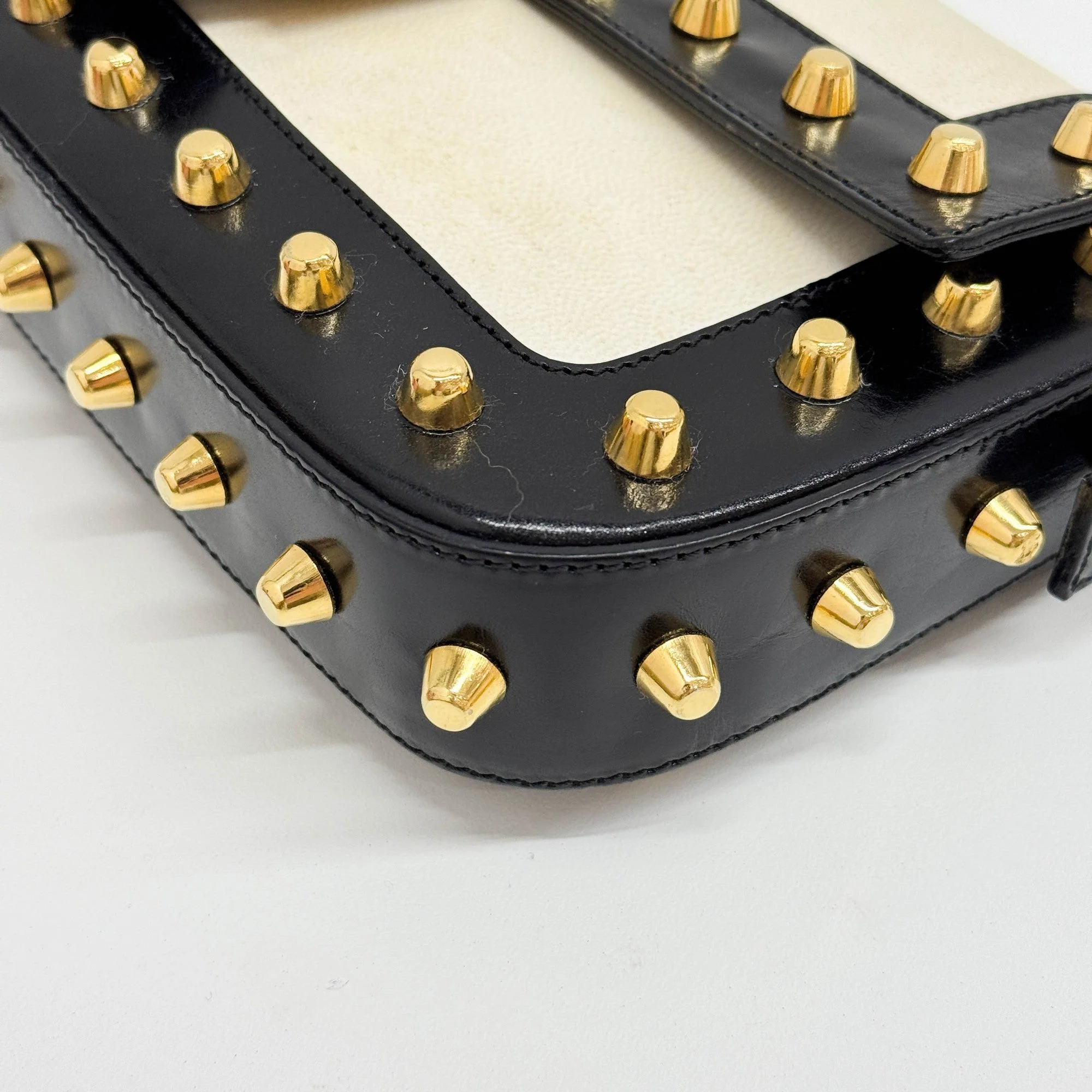 Baguette Studded Black & White Leather Shoulder Bag - Image 10