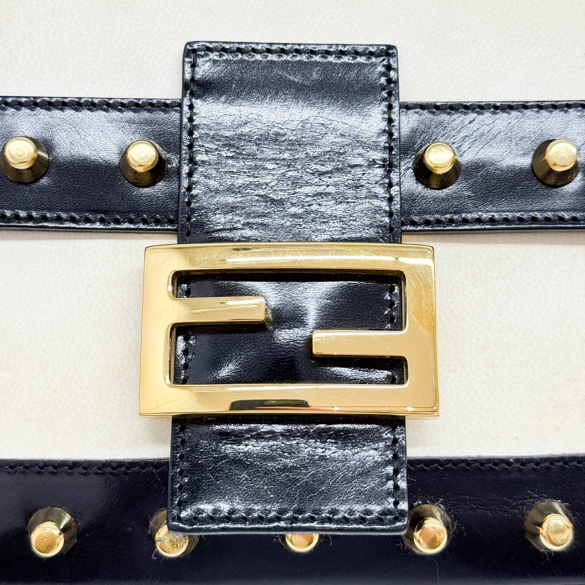 Baguette Studded Black & White Leather Shoulder Bag - Image 13