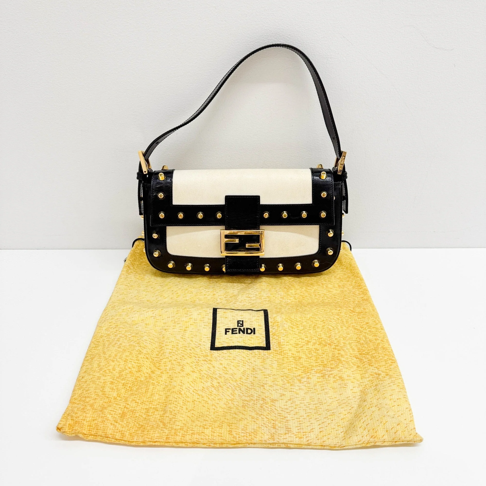 Baguette Studded Black & White Leather Shoulder Bag - Image 4