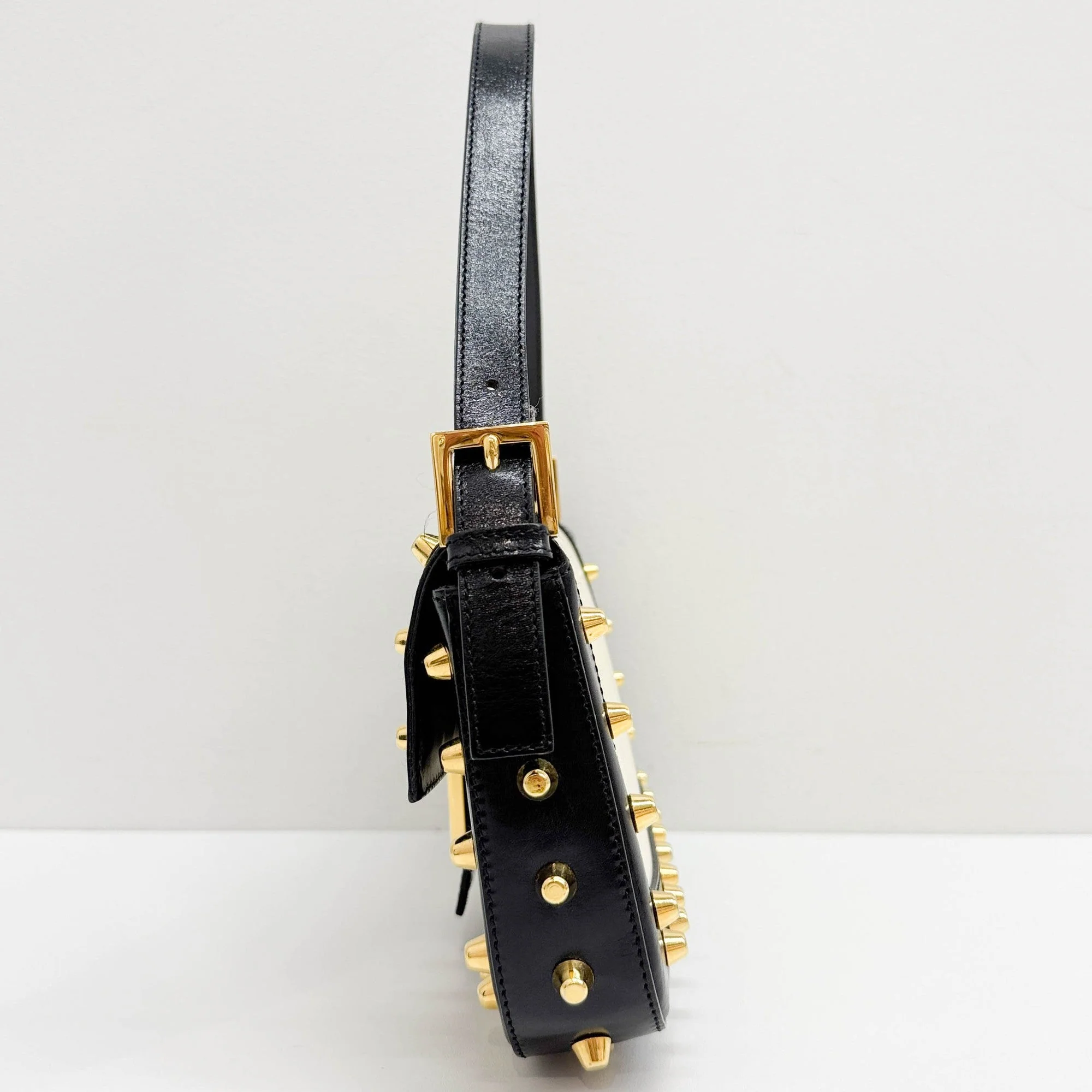 Baguette Studded Black & White Leather Shoulder Bag - Image 5