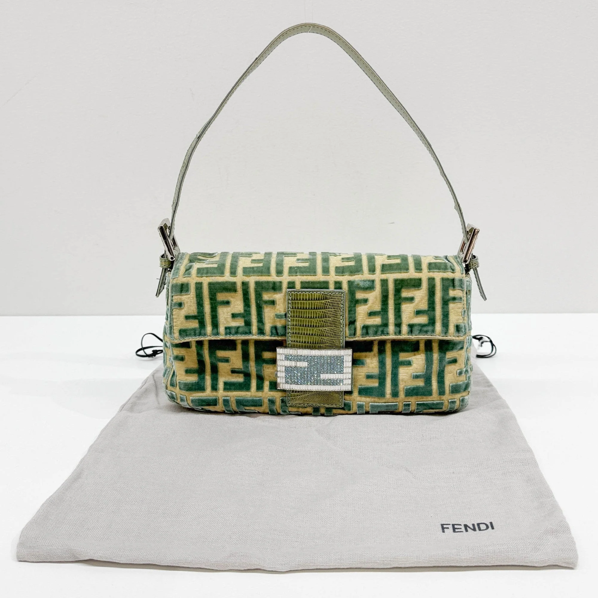 Baguette Rare Fondazione Lisio Collab Teal Green Zucca FF Double Velvet Shoulder Bag - Image 4
