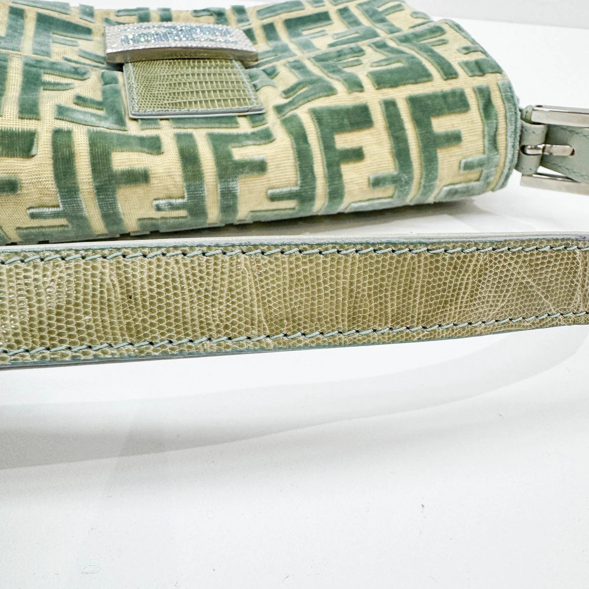 Baguette Rare Fondazione Lisio Collab Teal Green Zucca FF Double Velvet Shoulder Bag - Image 9