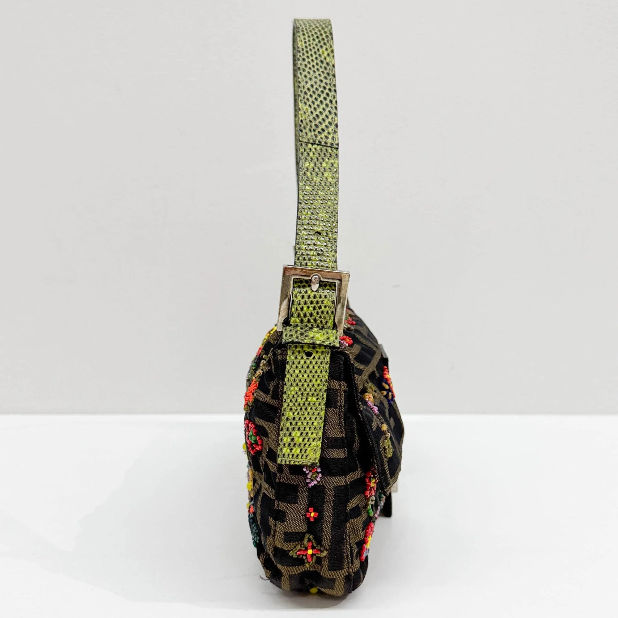 Baguette Zucca with Little Flowers Beads Embroidery and Green Lizard Shoulder Bag - Image 5